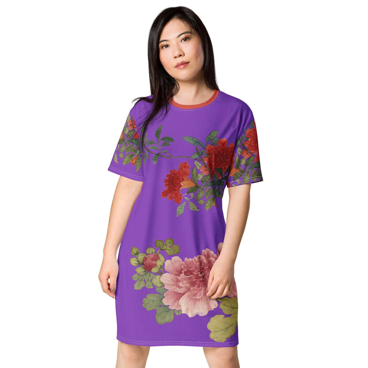 The Spirit of Flowers in Twelve Months｜Hollyhock and Pomegranate in Bloom｜T-shirt dress｜Purple