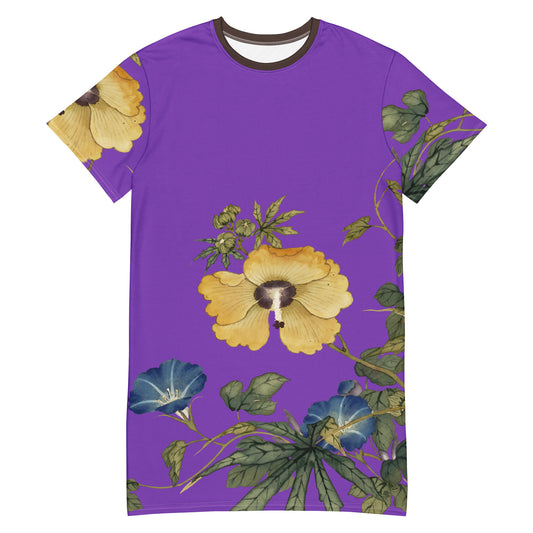 The Spirit of Flowers in Twelve Months｜Okra and White-edged Morning Glory in Bloom｜T-shirt dress｜Purple