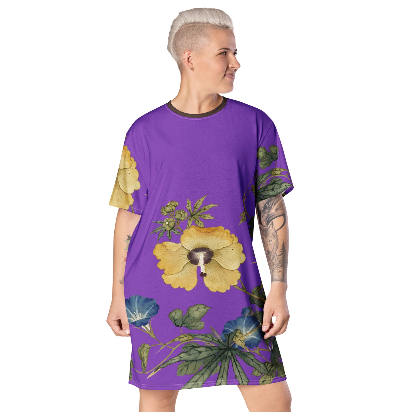 The Spirit of Flowers in Twelve Months｜Okra and White-edged Morning Glory in Bloom｜T-shirt dress｜Purple