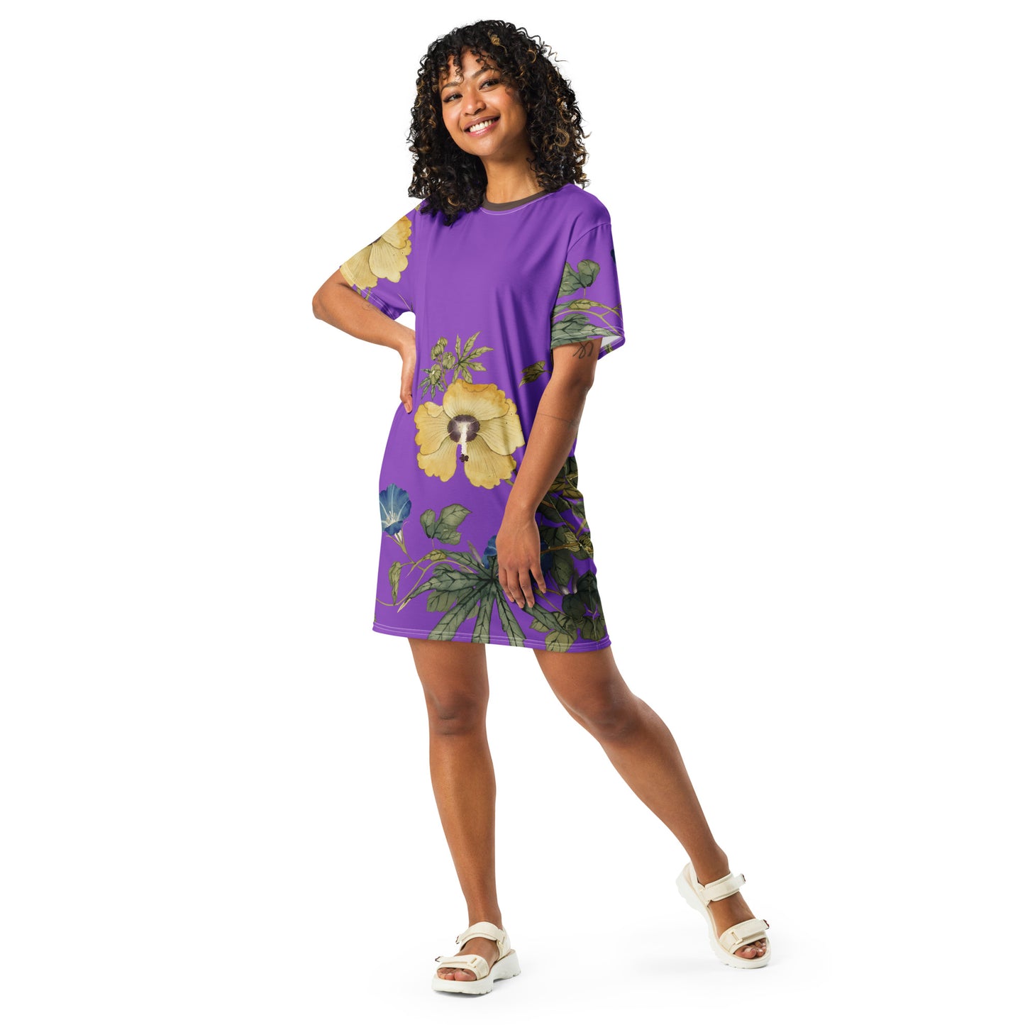 The Spirit of Flowers in Twelve Months｜Okra and White-edged Morning Glory in Bloom｜T-shirt dress｜Purple