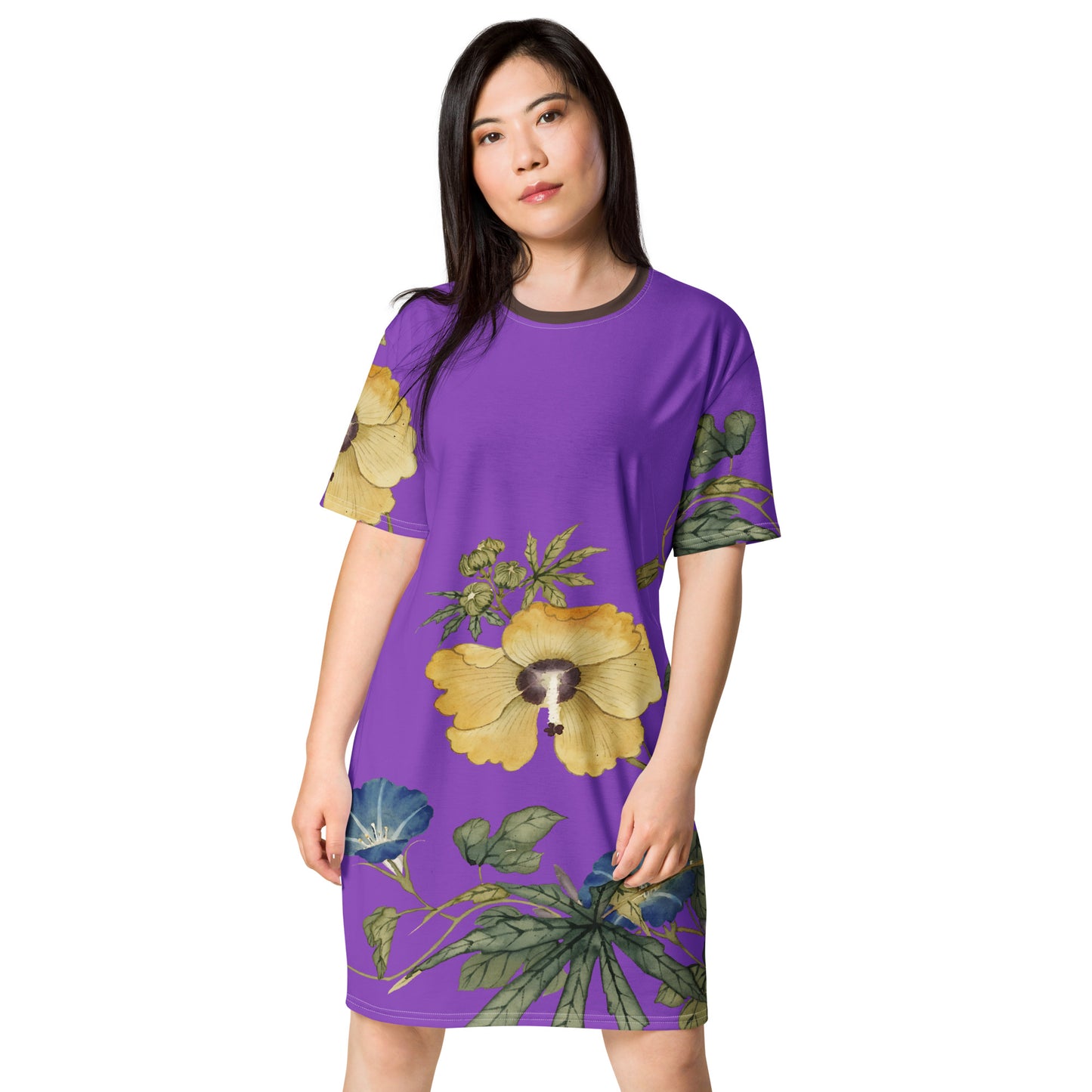 The Spirit of Flowers in Twelve Months｜Okra and White-edged Morning Glory in Bloom｜T-shirt dress｜Purple