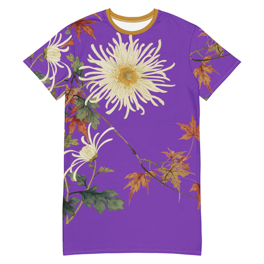 The Spirit of Flowers in Twelve Months｜Blooming Chrysanthemum and Maple Leaves｜T-shirt dress｜Purple