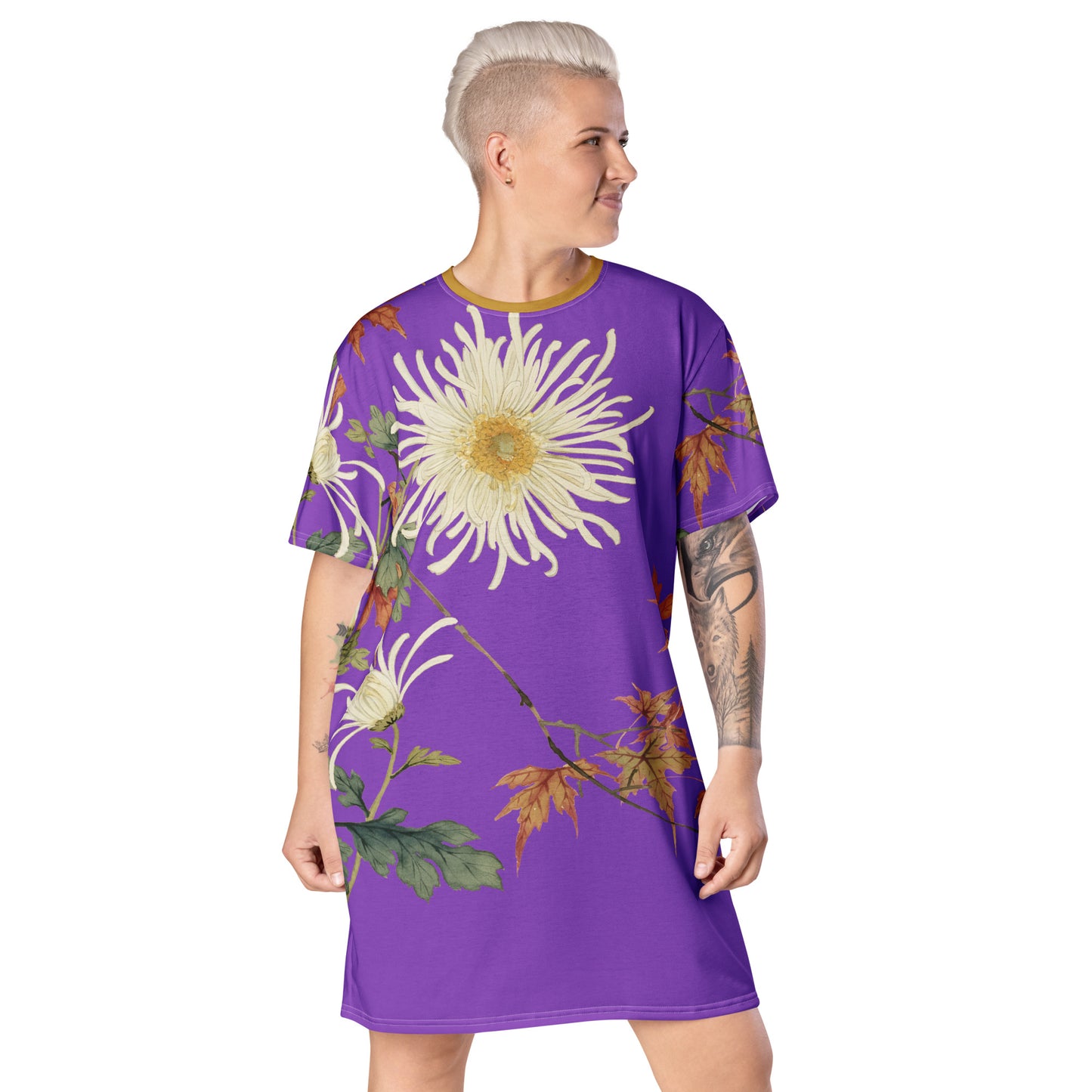 The Spirit of Flowers in Twelve Months｜Blooming Chrysanthemum and Maple Leaves｜T-shirt dress｜Purple