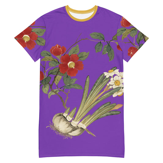 The Spirit of Flowers in Twelve Months｜Narcissus and Camelia in Bloom｜T-shirt dress｜Purple