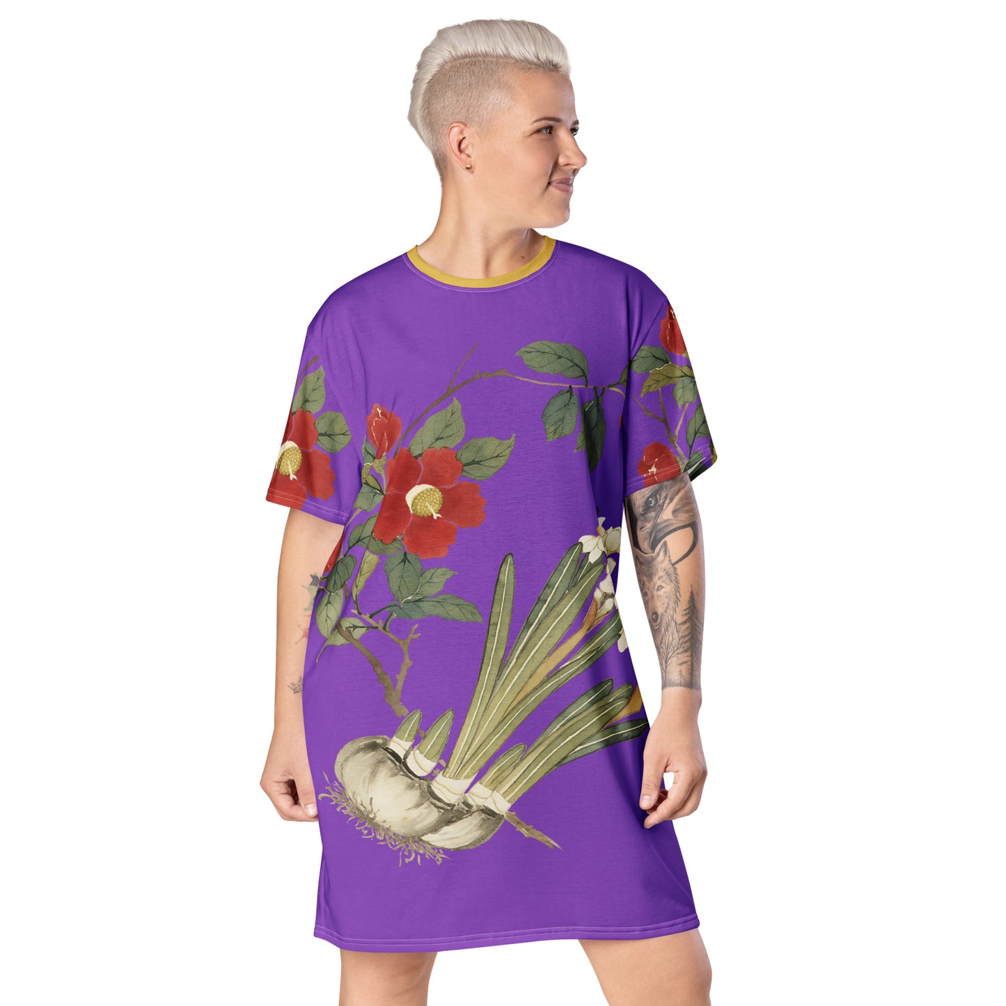 The Spirit of Flowers in Twelve Months｜Narcissus and Camelia in Bloom｜T-shirt dress｜Purple