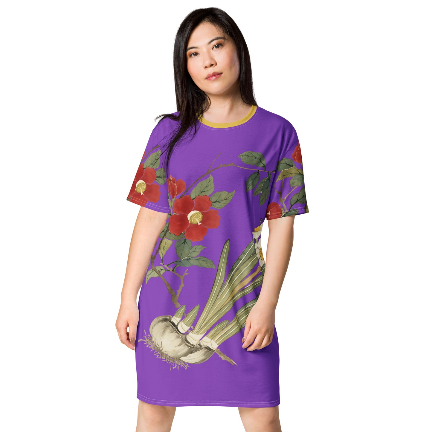 The Spirit of Flowers in Twelve Months｜Narcissus and Camelia in Bloom｜T-shirt dress｜Purple