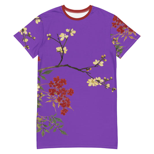 The Spirit of Flowers in Twelve Months｜Blooming Wintersweet and Heavenly Bamboo｜T-shirt dress｜Purple