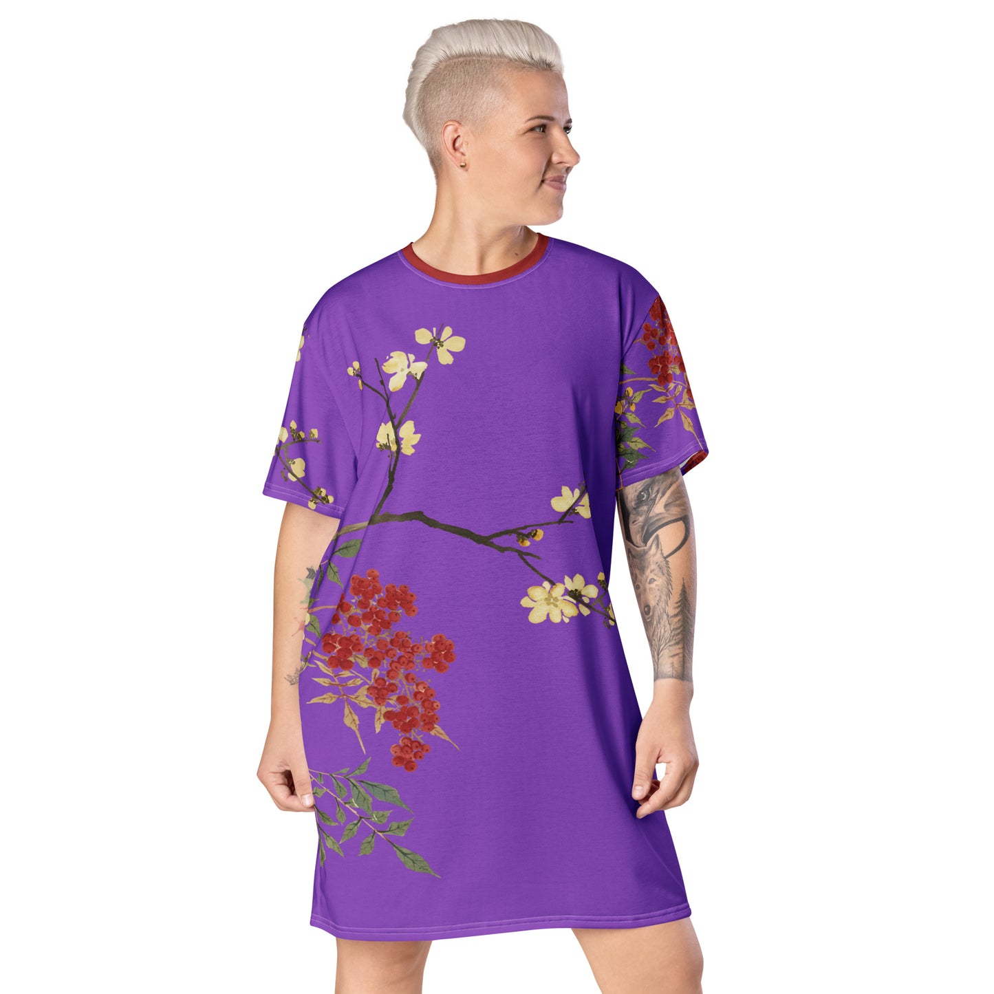 The Spirit of Flowers in Twelve Months｜Blooming Wintersweet and Heavenly Bamboo｜T-shirt dress｜Purple