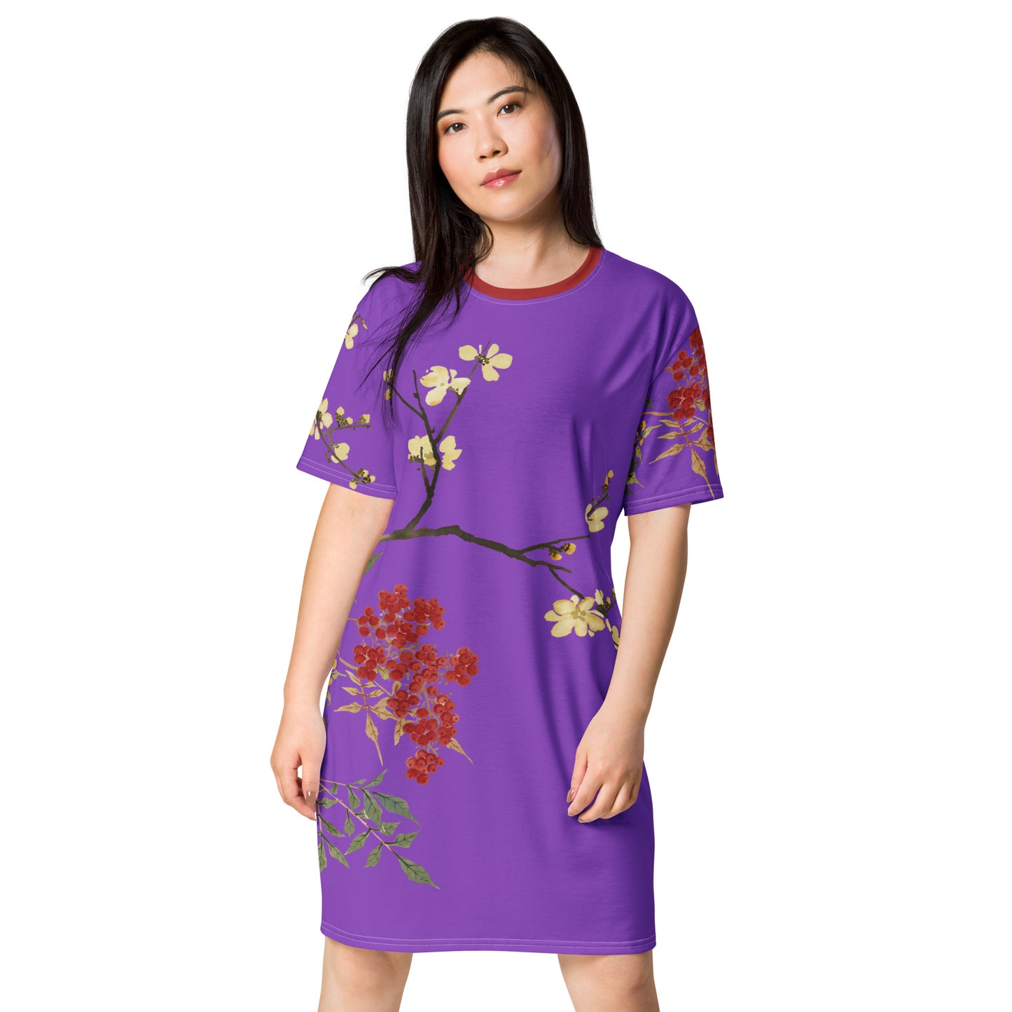 The Spirit of Flowers in Twelve Months｜Blooming Wintersweet and Heavenly Bamboo｜T-shirt dress｜Purple