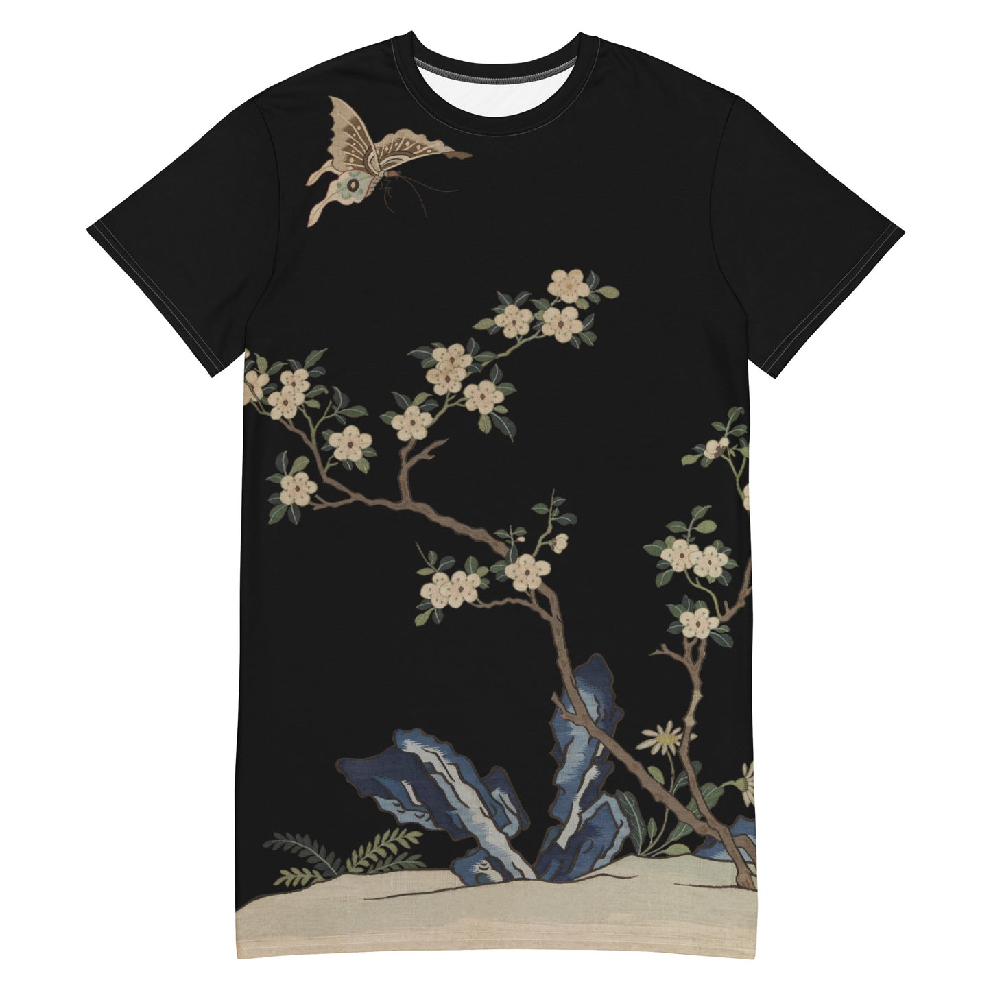 タペストリーの花｜白い梅の花と蝶｜Tシャツドレス｜ブラック