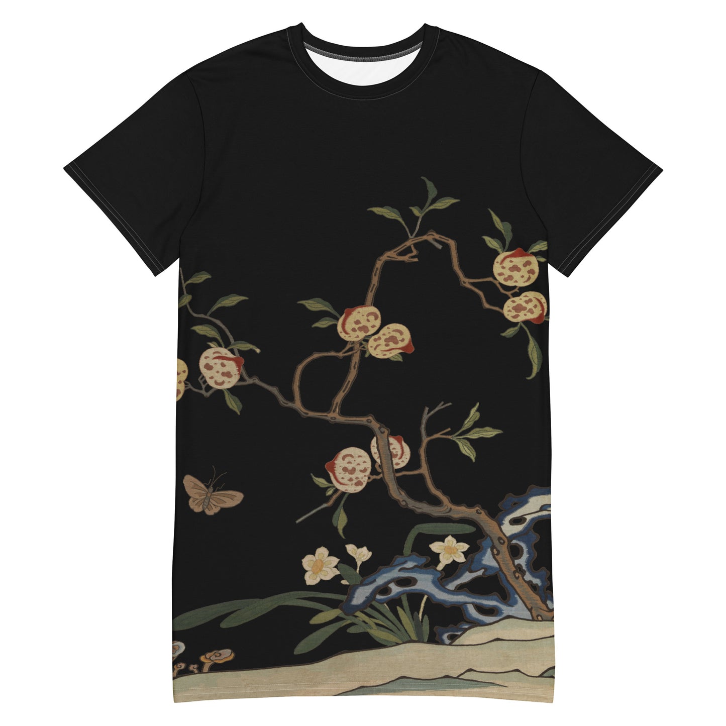 タペストリーの花｜水仙と桃｜Tシャツドレス｜ブラック