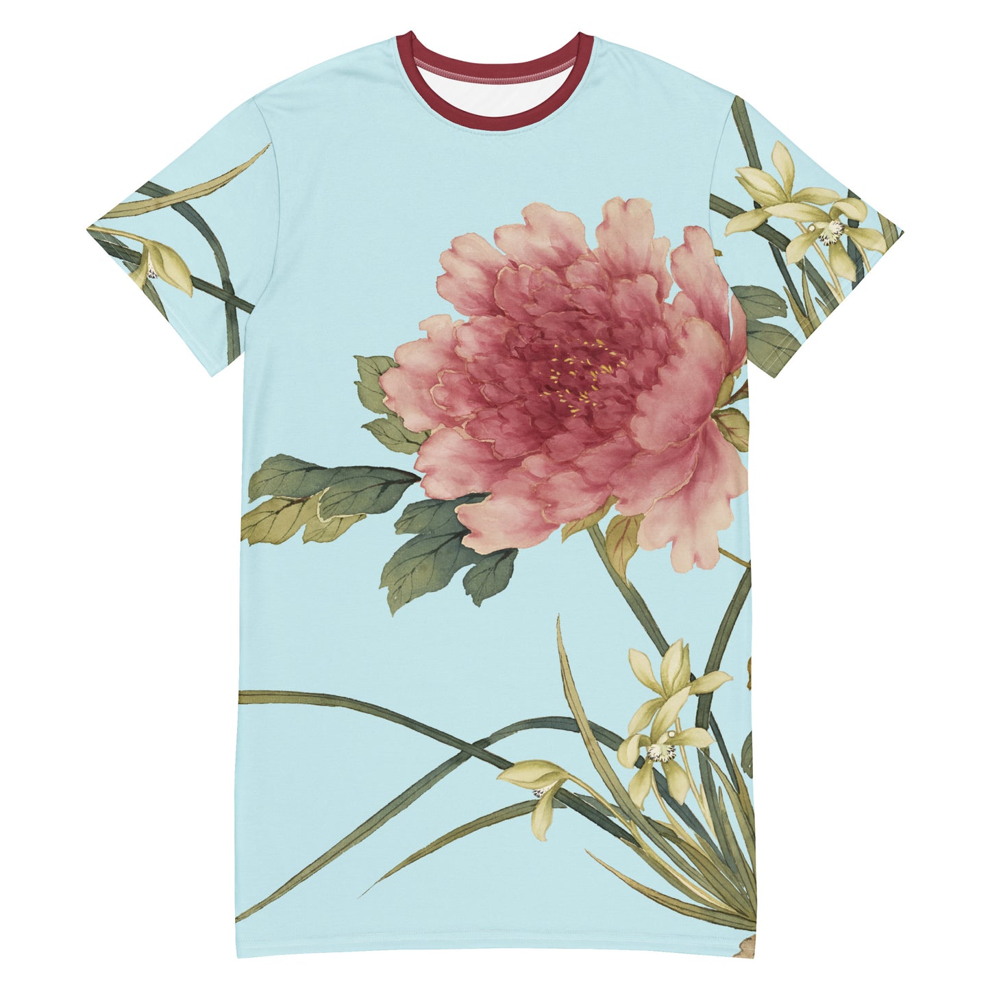 The Spirit of Flowers in Twelve Months｜Orchid and Tree Peony in Bloom｜T-shirt dress｜Aqua blue