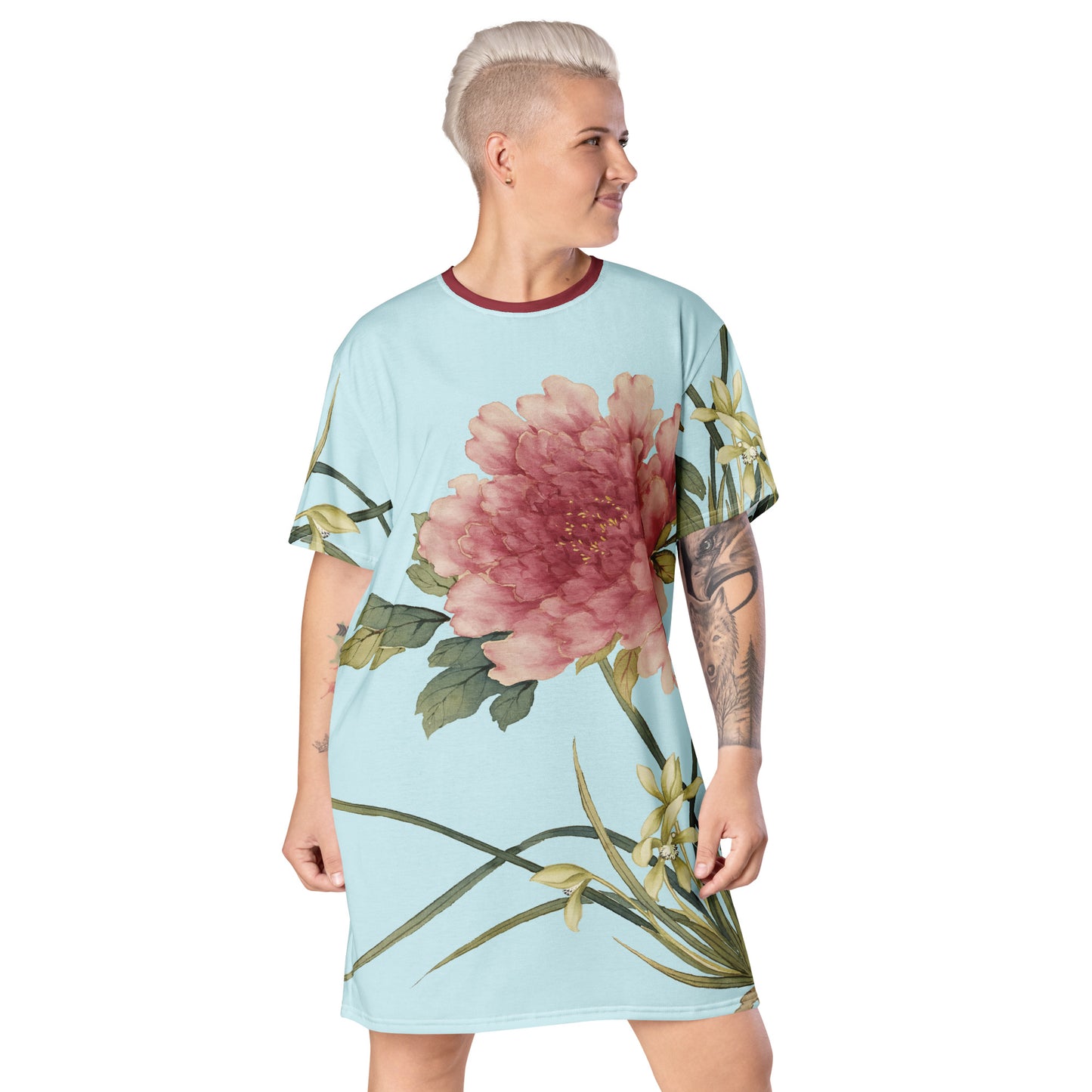 The Spirit of Flowers in Twelve Months｜Orchid and Tree Peony in Bloom｜T-shirt dress｜Aqua blue