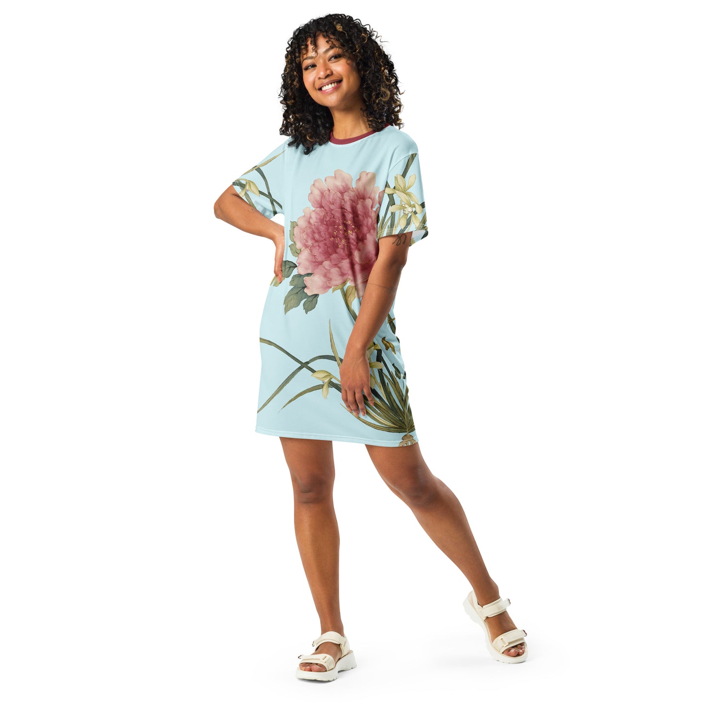 The Spirit of Flowers in Twelve Months｜Orchid and Tree Peony in Bloom｜T-shirt dress｜Aqua blue