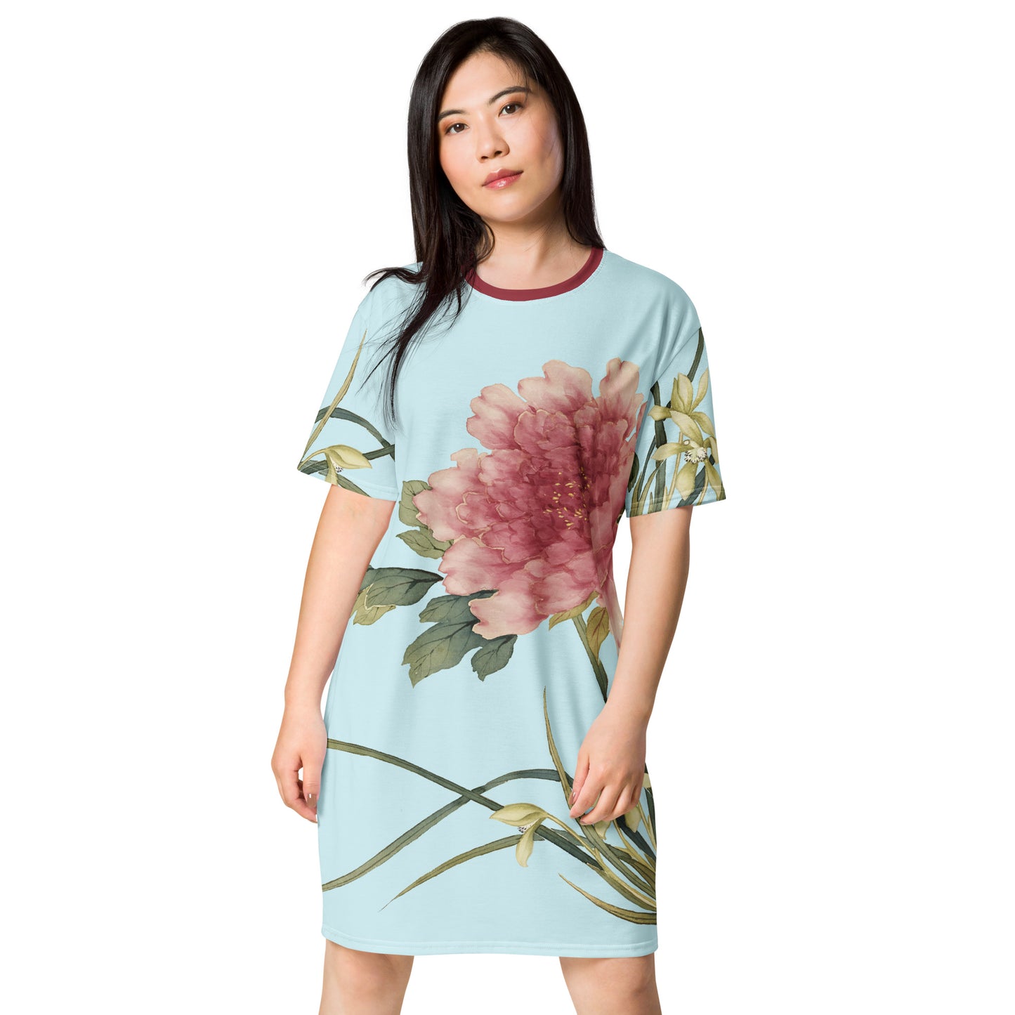 The Spirit of Flowers in Twelve Months｜Orchid and Tree Peony in Bloom｜T-shirt dress｜Aqua blue