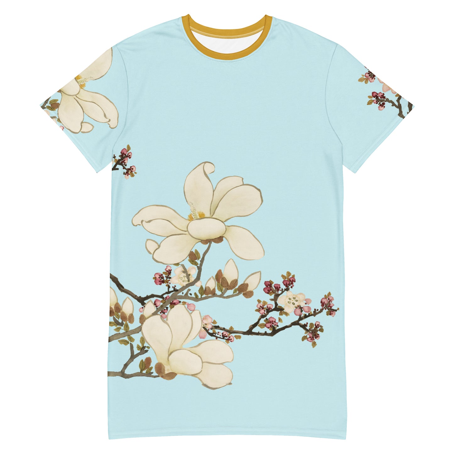 12月の花神様｜Apricot and Lily Magnolia in Blossom｜Tシャツドレス｜Aqua blue