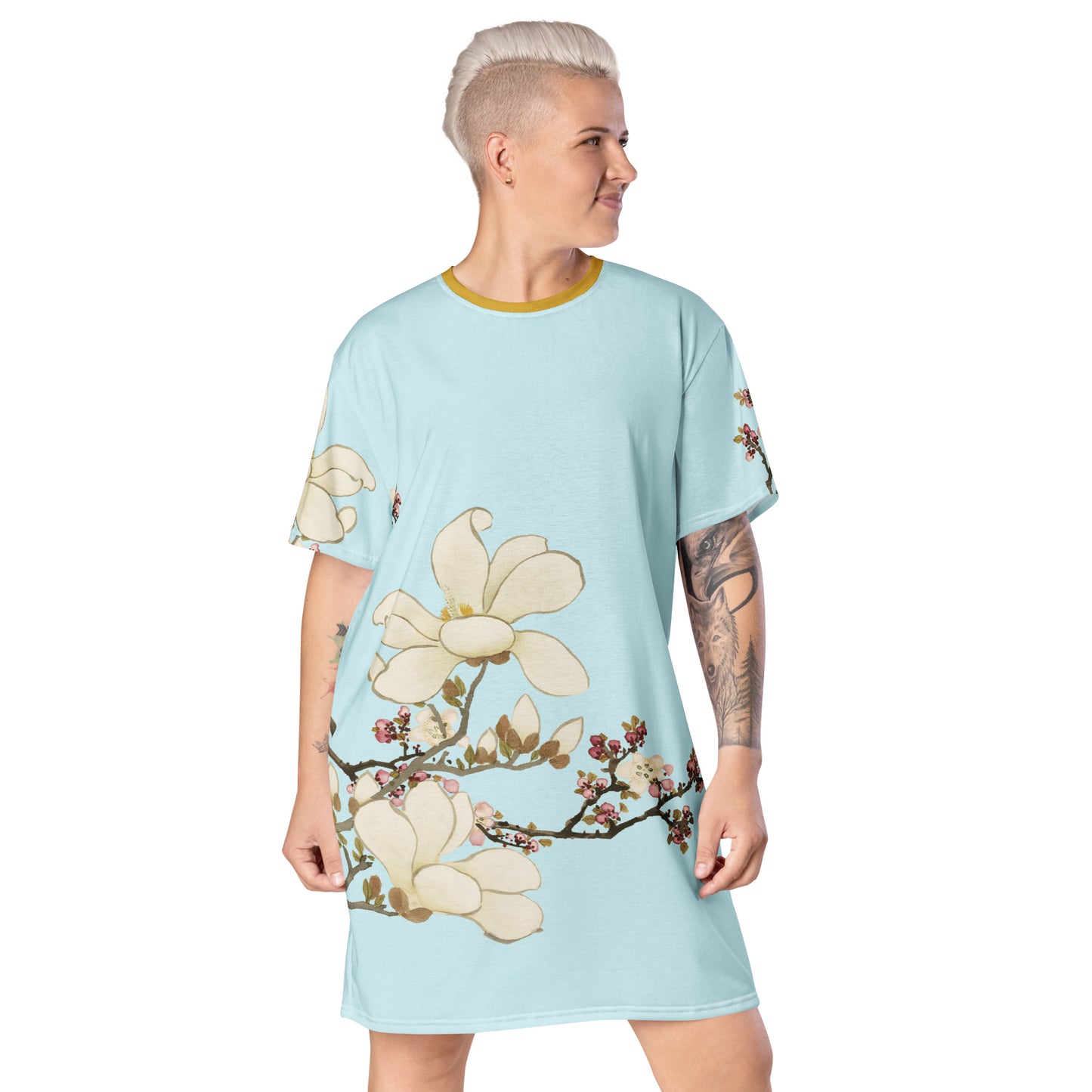 12月の花神様｜Apricot and Lily Magnolia in Blossom｜Tシャツドレス｜Aqua blue