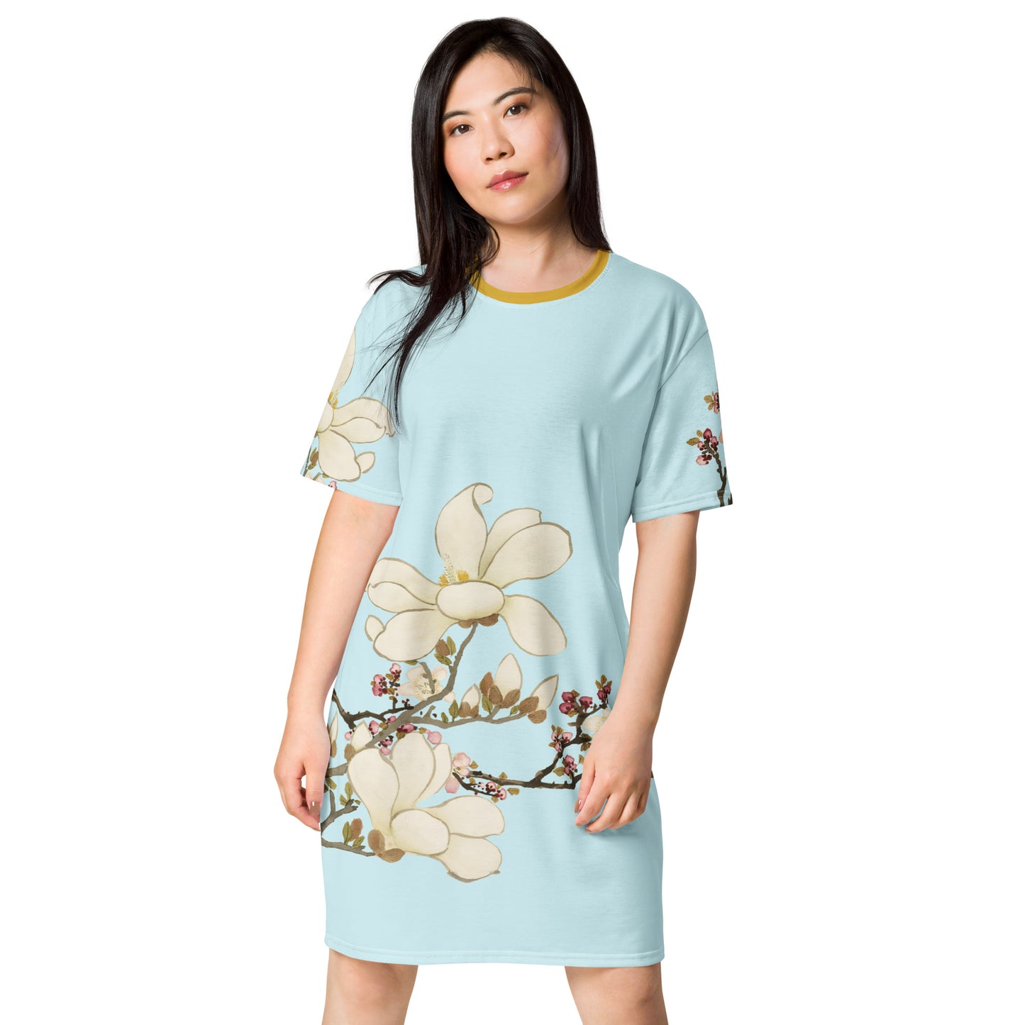 The Spirit of Flowers in Twelve Months｜Apricot and Lily Magnolia in Blossom｜T-shirt dress｜Aqua blue