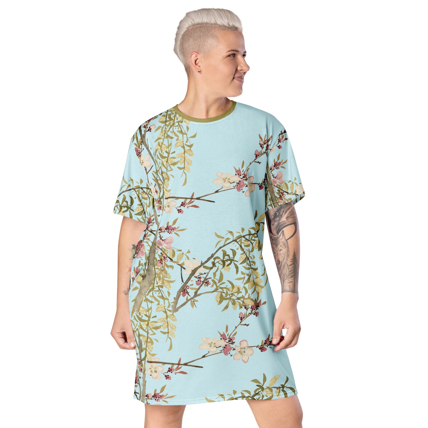 The Spirit of Flowers in Twelve Months｜Willow and Peach Blossom｜T-shirt dress｜Aqua blue