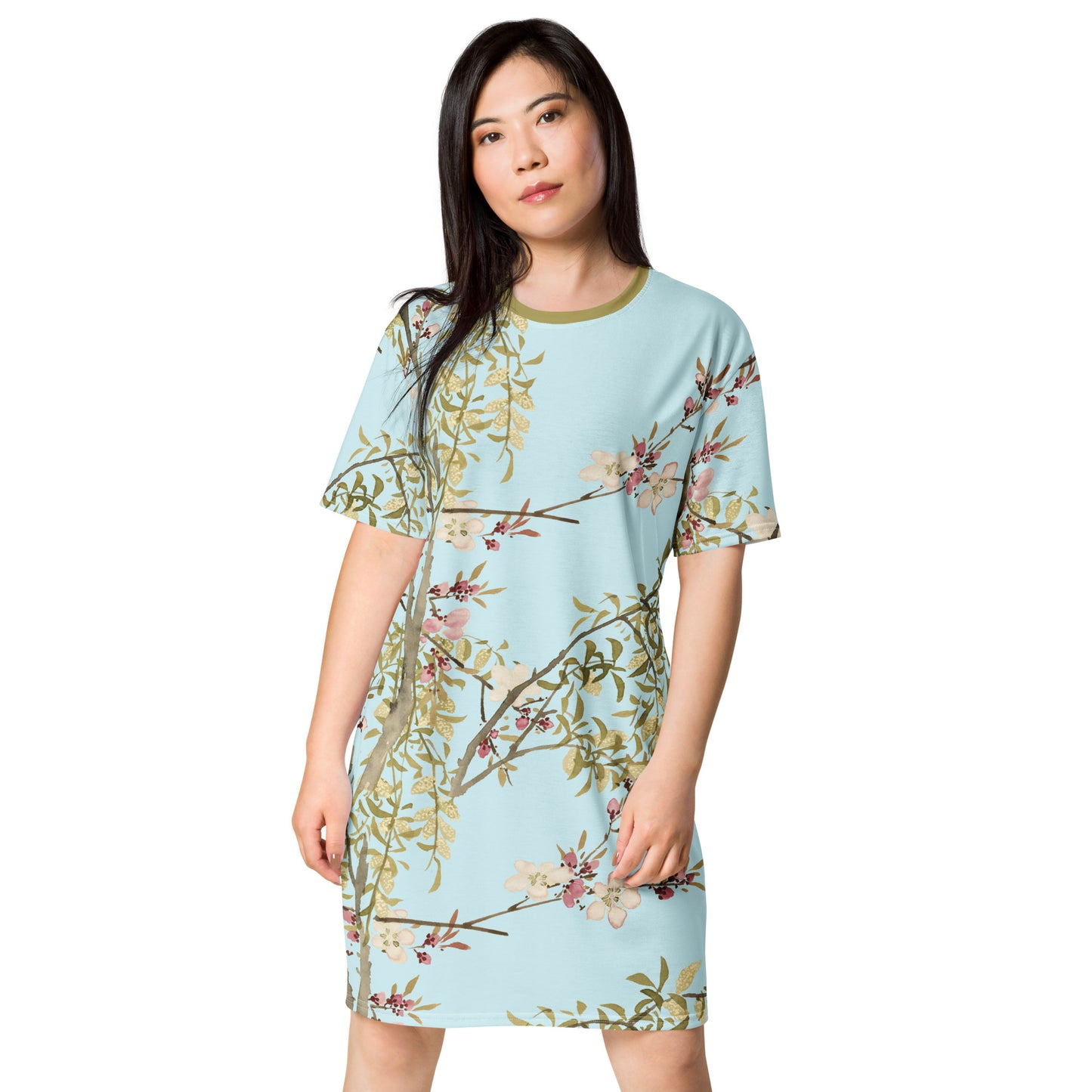 The Spirit of Flowers in Twelve Months｜Willow and Peach Blossom｜T-shirt dress｜Aqua blue