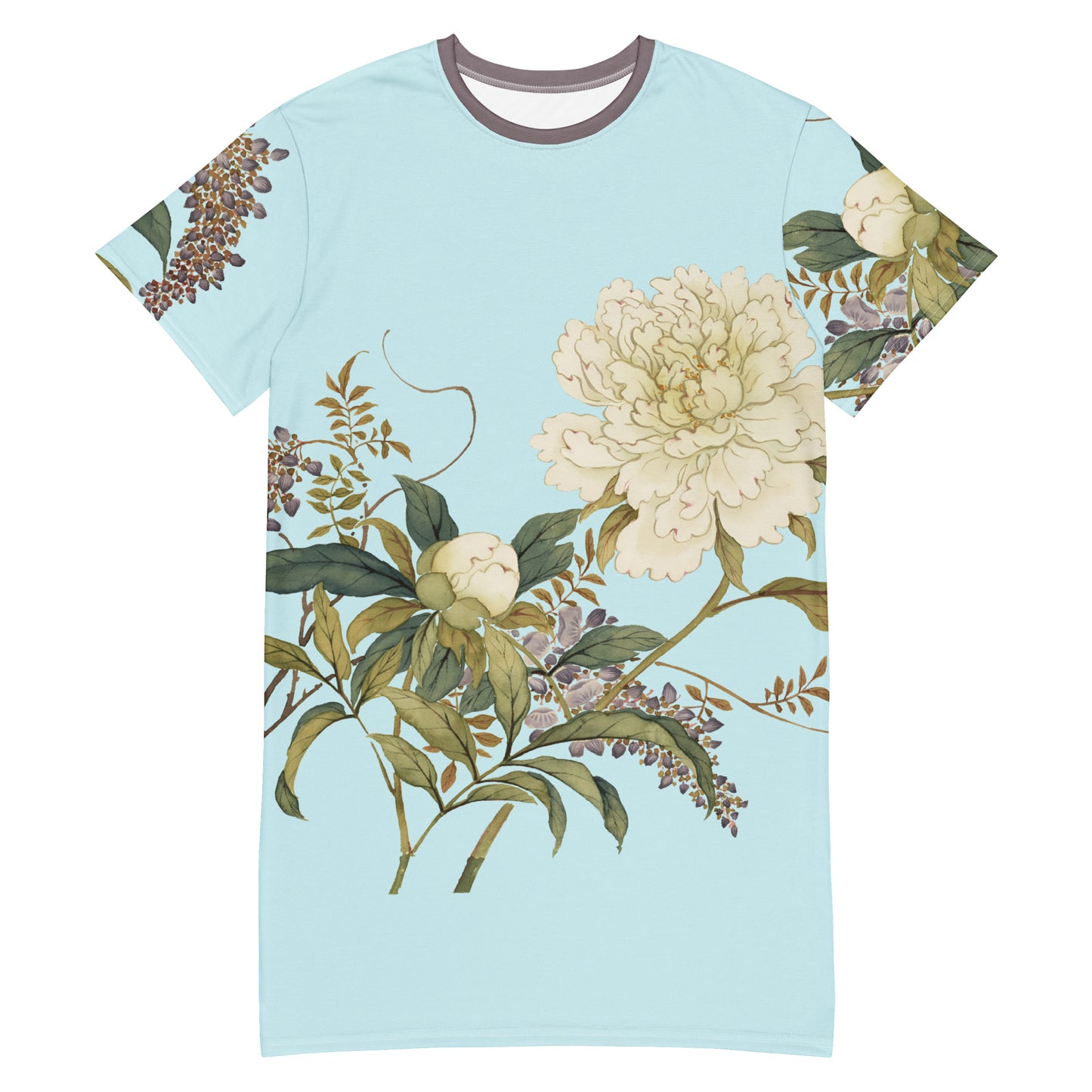 12月の花神様｜Chinese Peony and Wisteria in Bloom｜Tシャツドレス｜Aqua blue