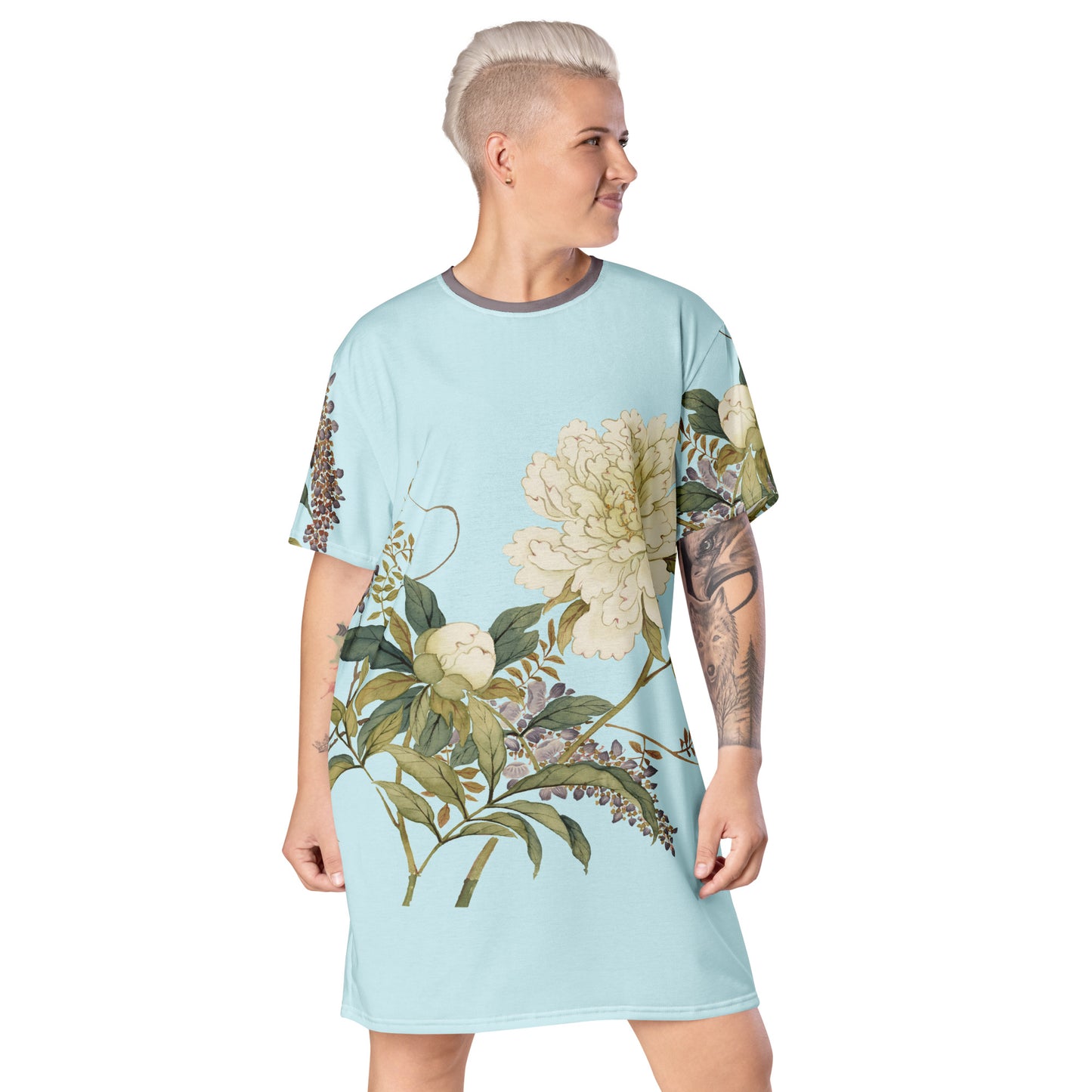 12月の花神様｜Chinese Peony and Wisteria in Bloom｜Tシャツドレス｜Aqua blue