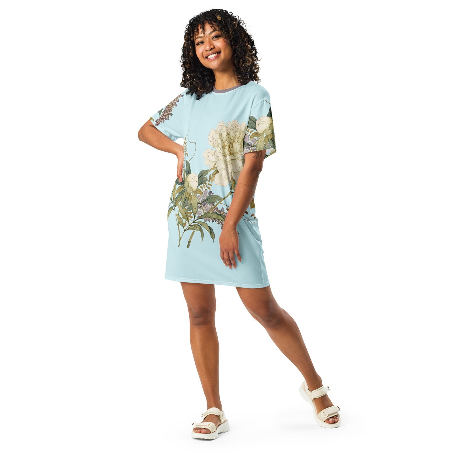 The Spirit of Flowers in Twelve Months｜Chinese Peony and Wisteria in Bloom｜T-shirt dress｜Aqua blue