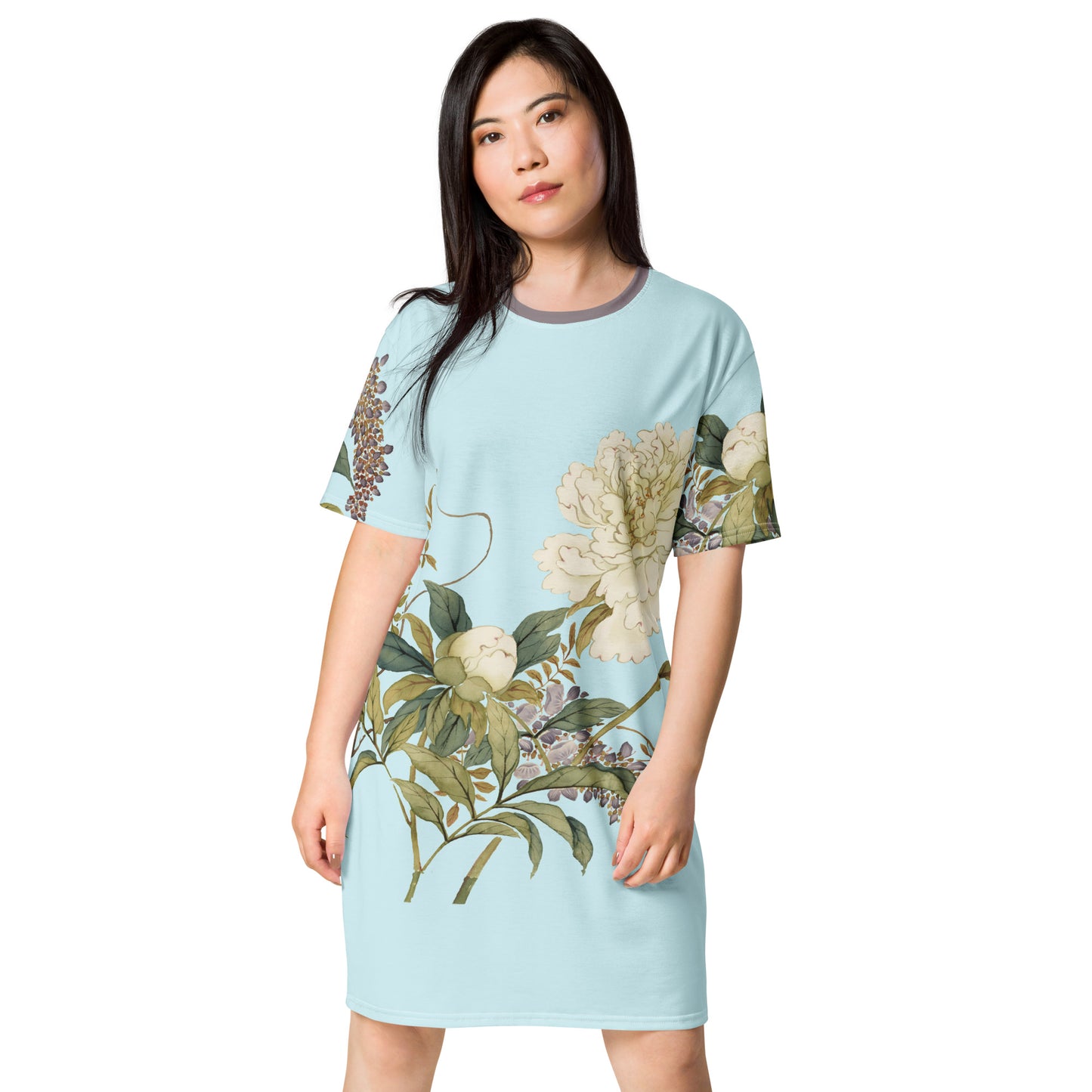 The Spirit of Flowers in Twelve Months｜Chinese Peony and Wisteria in Bloom｜T-shirt dress｜Aqua blue