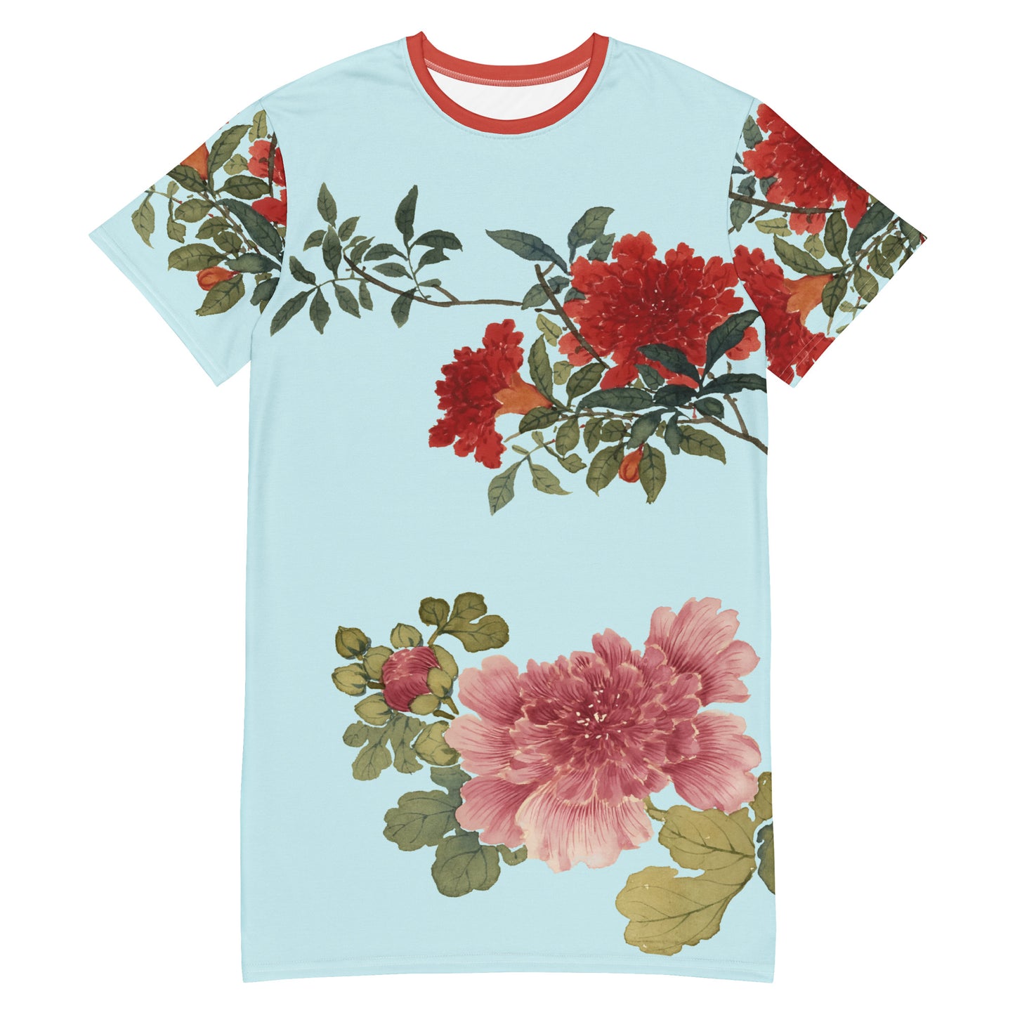 The Spirit of Flowers in Twelve Months｜Hollyhock and Pomegranate in Bloom｜T-shirt dress｜Aqua blue