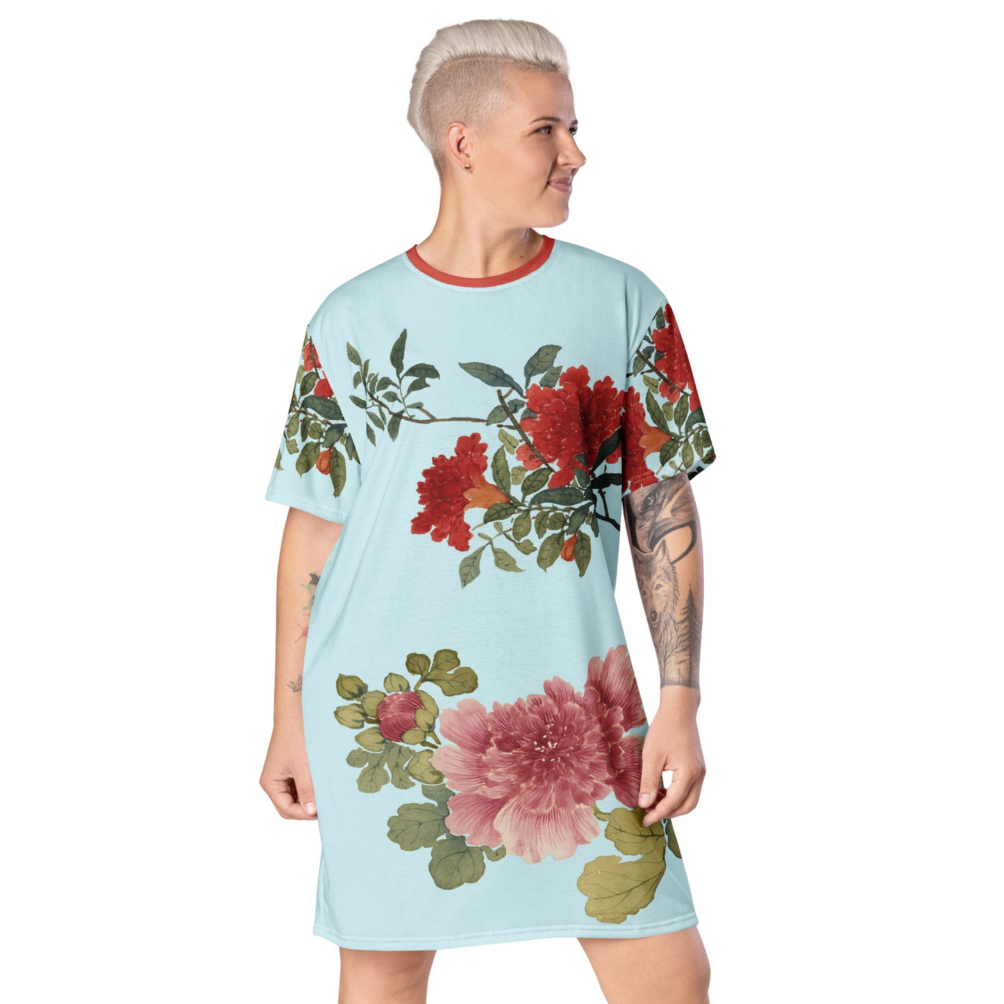 The Spirit of Flowers in Twelve Months｜Hollyhock and Pomegranate in Bloom｜T-shirt dress｜Aqua blue