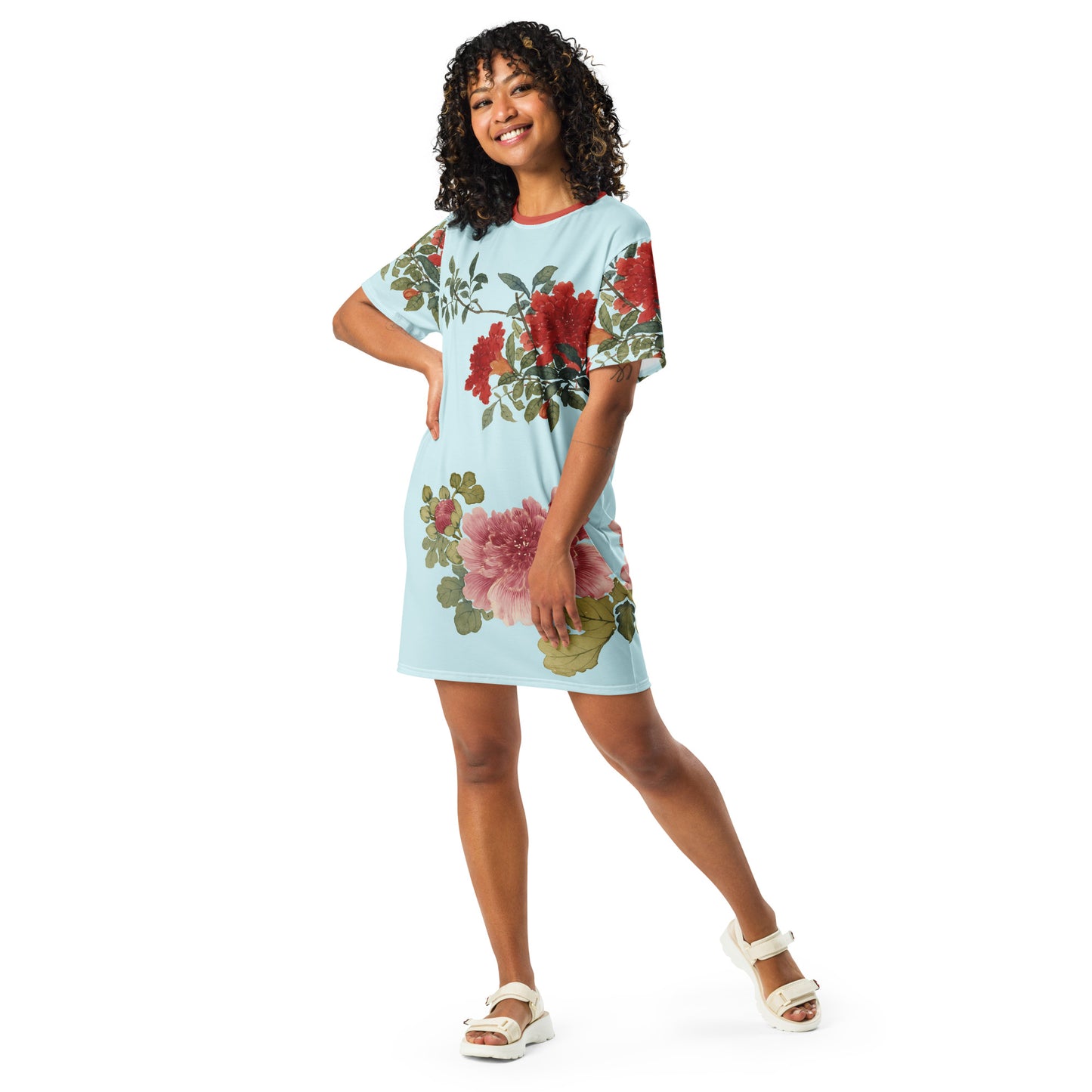 The Spirit of Flowers in Twelve Months｜Hollyhock and Pomegranate in Bloom｜T-shirt dress｜Aqua blue