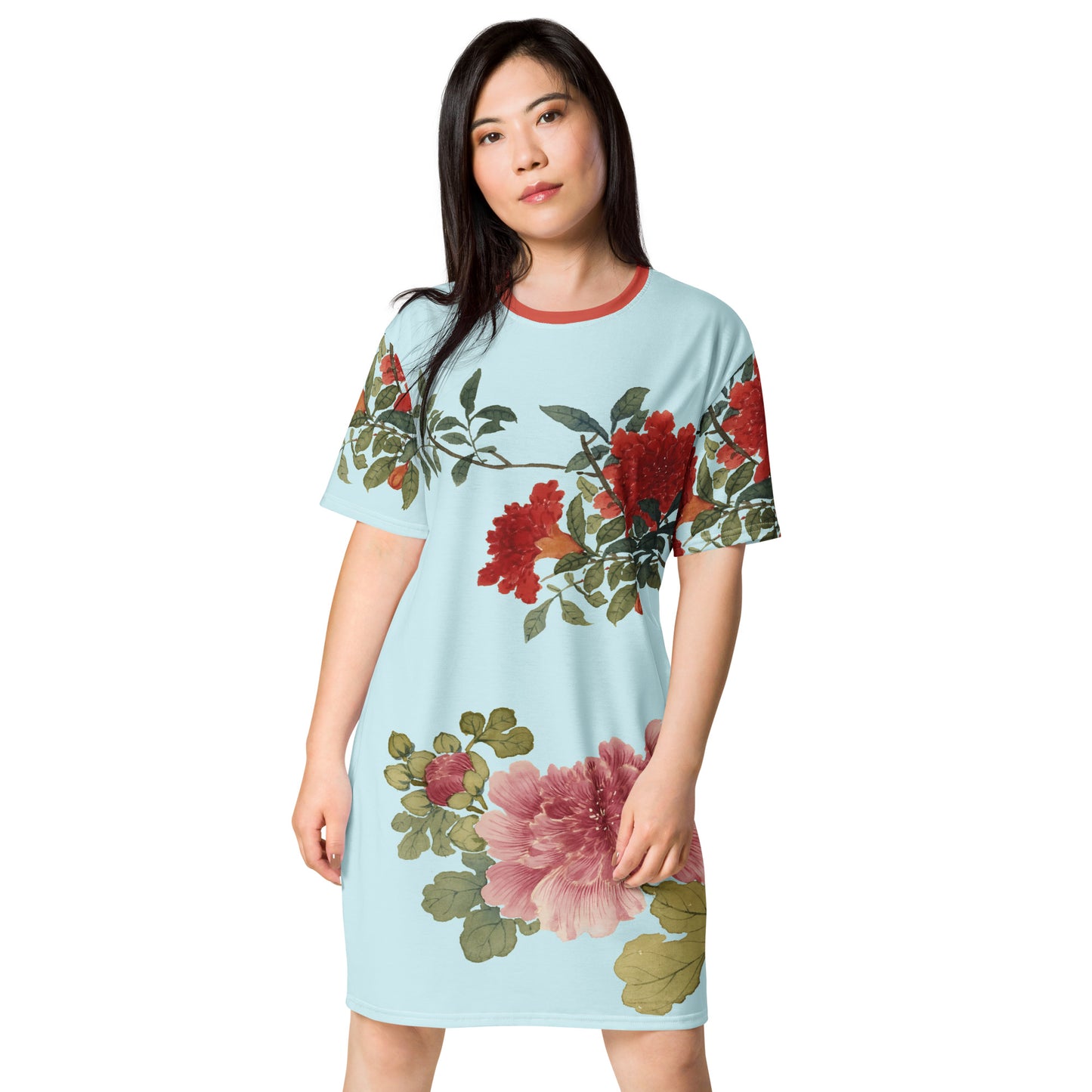 The Spirit of Flowers in Twelve Months｜Hollyhock and Pomegranate in Bloom｜T-shirt dress｜Aqua blue