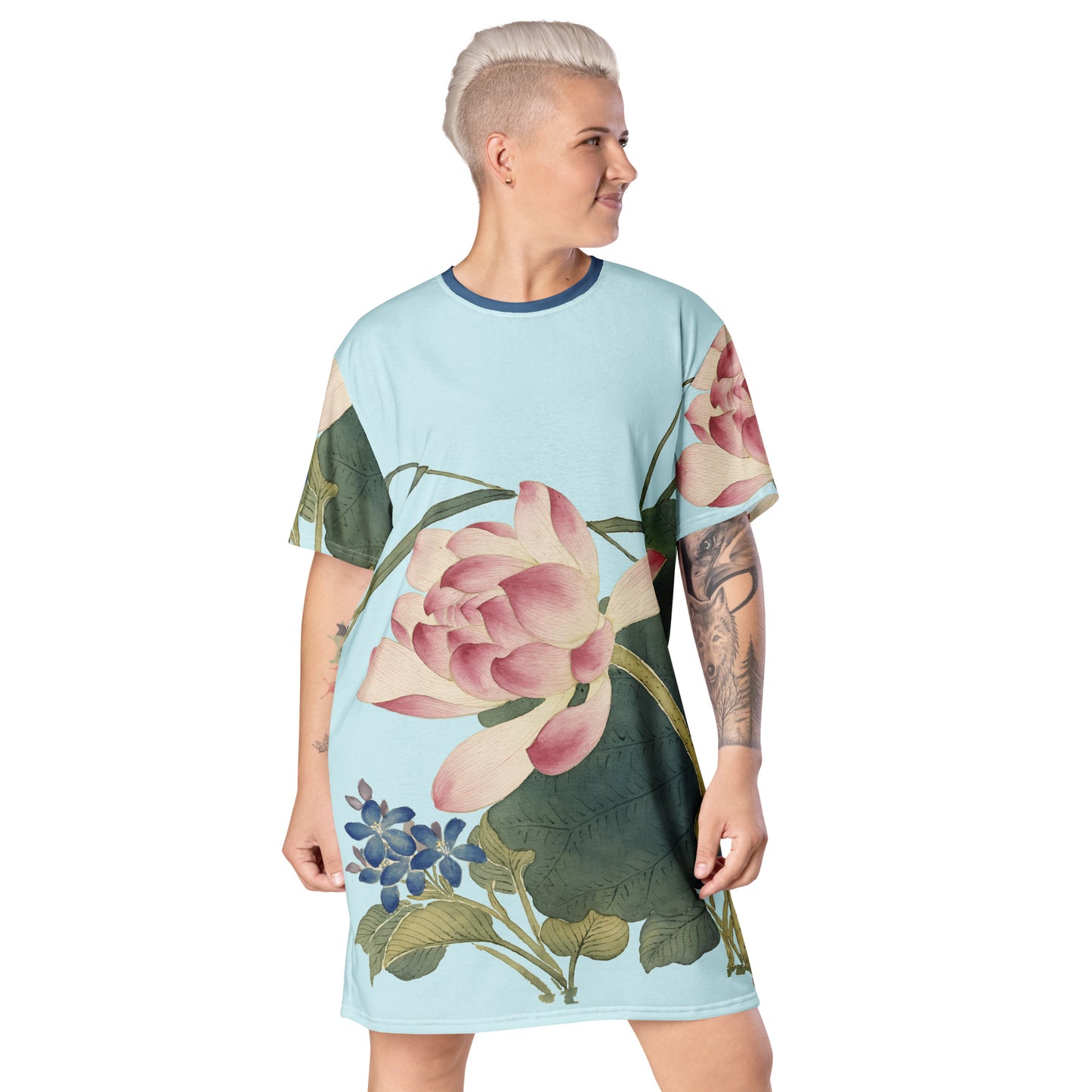 The Spirit of Flowers in Twelve Months｜Lotus in Bloom｜T-shirt dress｜Aqua blue