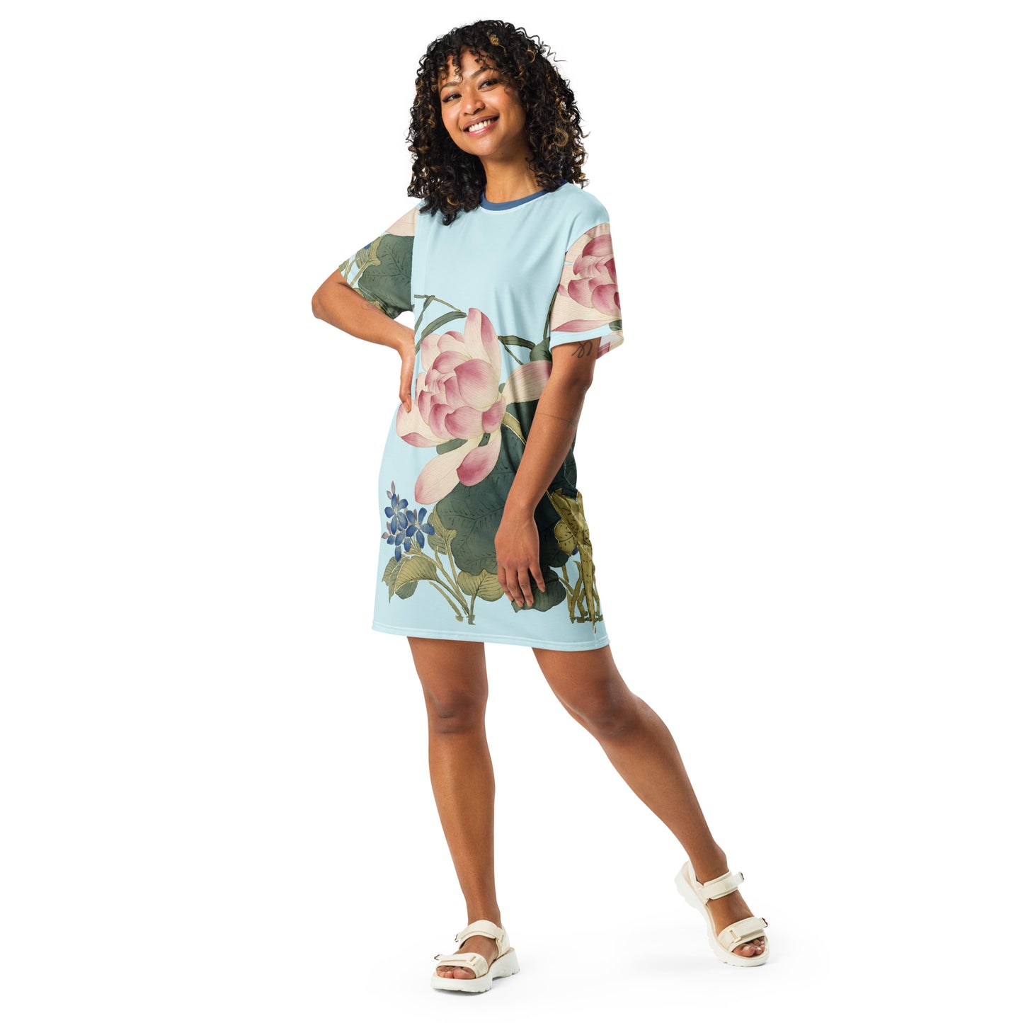 The Spirit of Flowers in Twelve Months｜Lotus in Bloom｜T-shirt dress｜Aqua blue