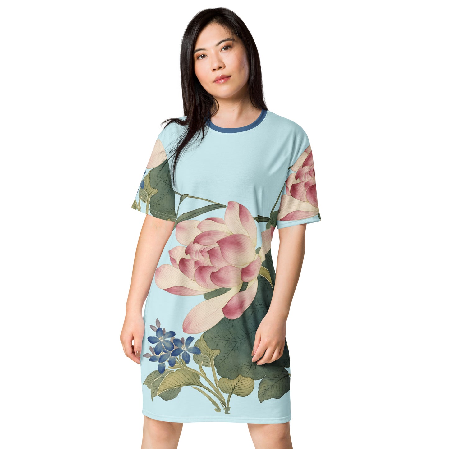 The Spirit of Flowers in Twelve Months｜Lotus in Bloom｜T-shirt dress｜Aqua blue