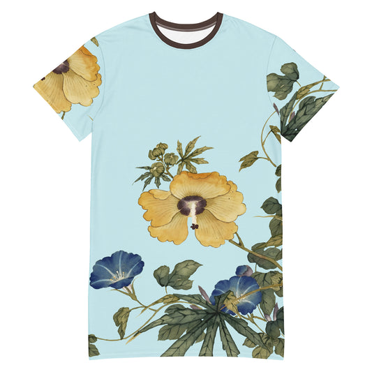 The Spirit of Flowers in Twelve Months｜Okra and White-edged Morning Glory in Bloom｜T-shirt dress｜Aqua blue