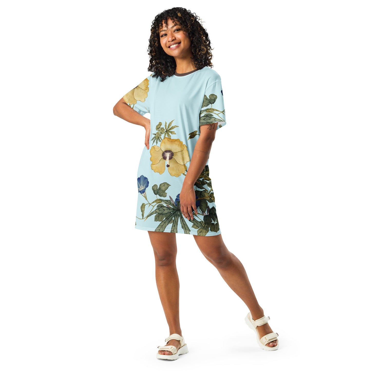 The Spirit of Flowers in Twelve Months｜Okra and White-edged Morning Glory in Bloom｜T-shirt dress｜Aqua blue