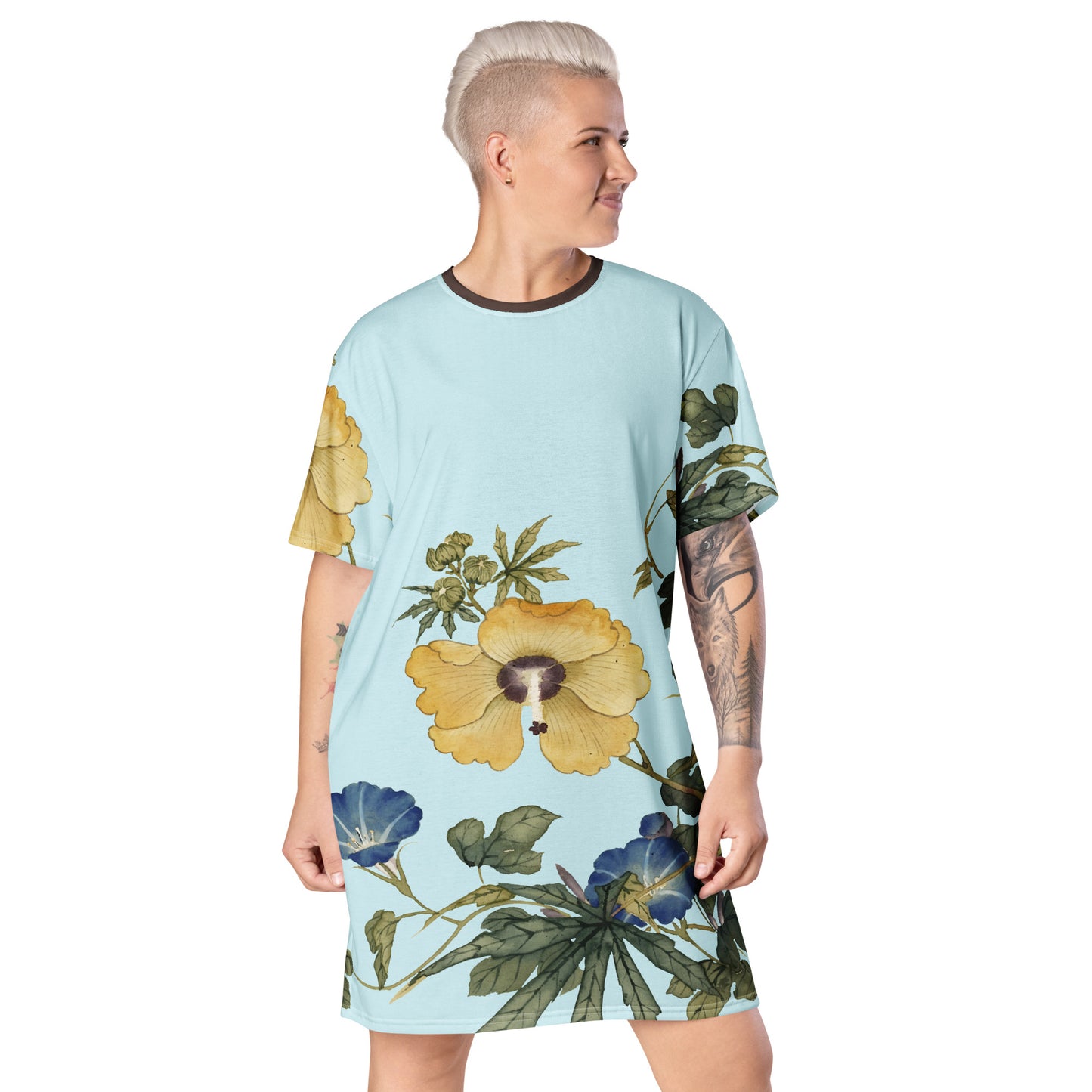 The Spirit of Flowers in Twelve Months｜Okra and White-edged Morning Glory in Bloom｜T-shirt dress｜Aqua blue