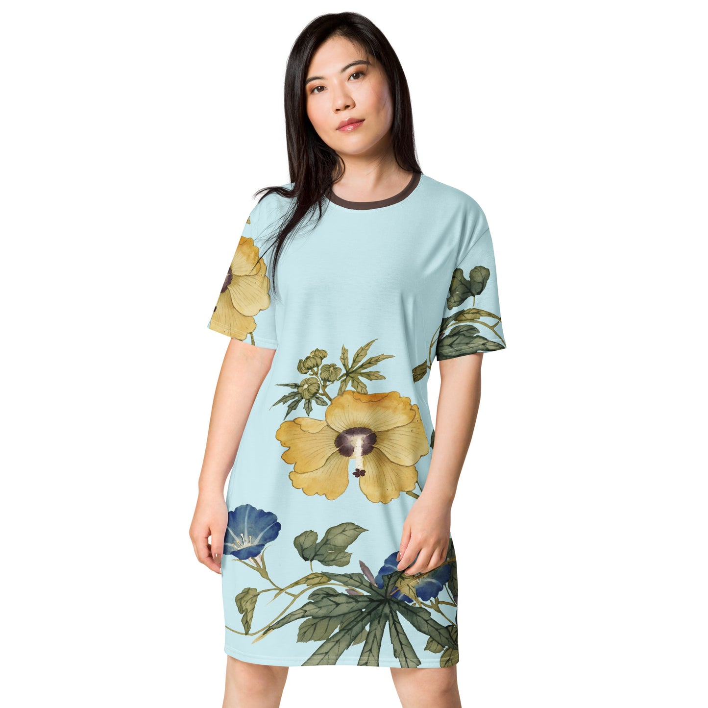 The Spirit of Flowers in Twelve Months｜Okra and White-edged Morning Glory in Bloom｜T-shirt dress｜Aqua blue