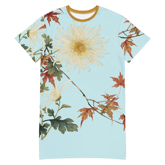 The Spirit of Flowers in Twelve Months｜Blooming Chrysanthemum and Maple Leaves｜T-shirt dress｜Aqua blue