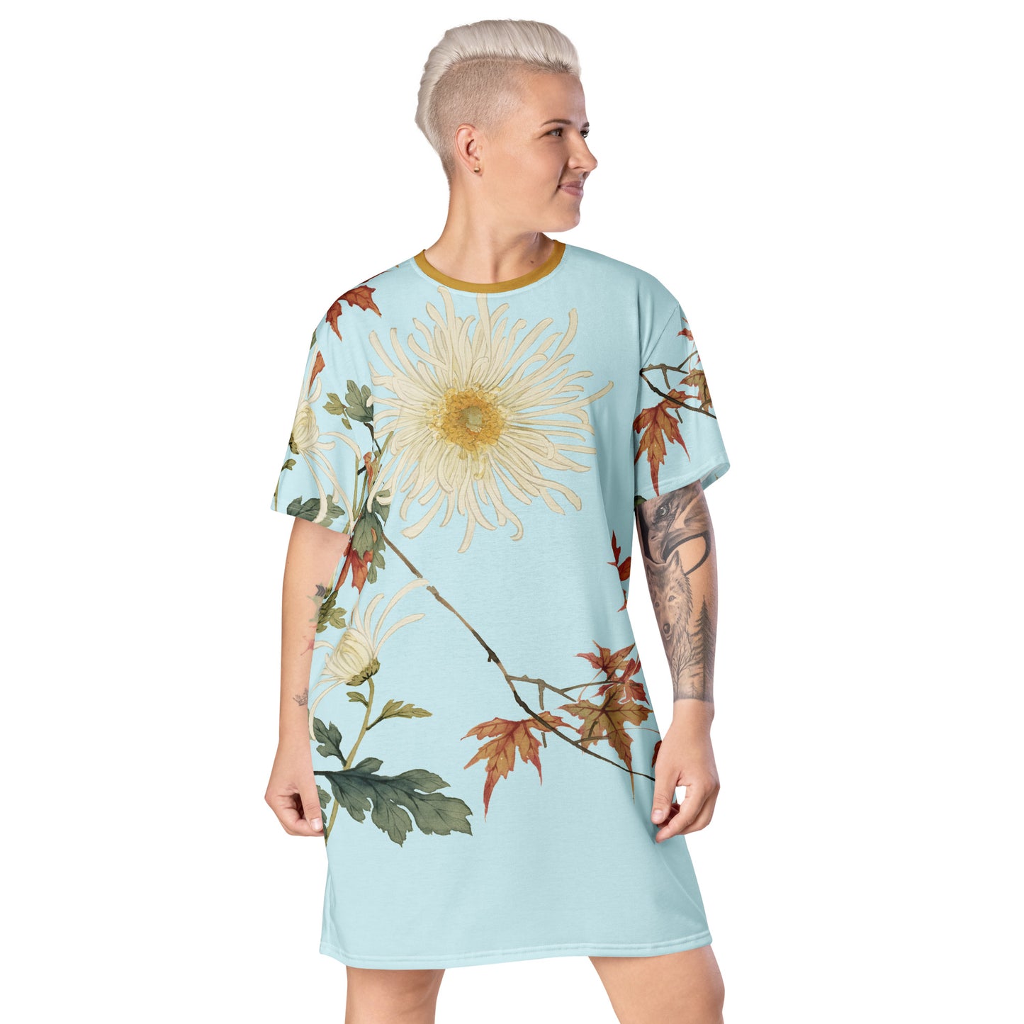 The Spirit of Flowers in Twelve Months｜Blooming Chrysanthemum and Maple Leaves｜T-shirt dress｜Aqua blue