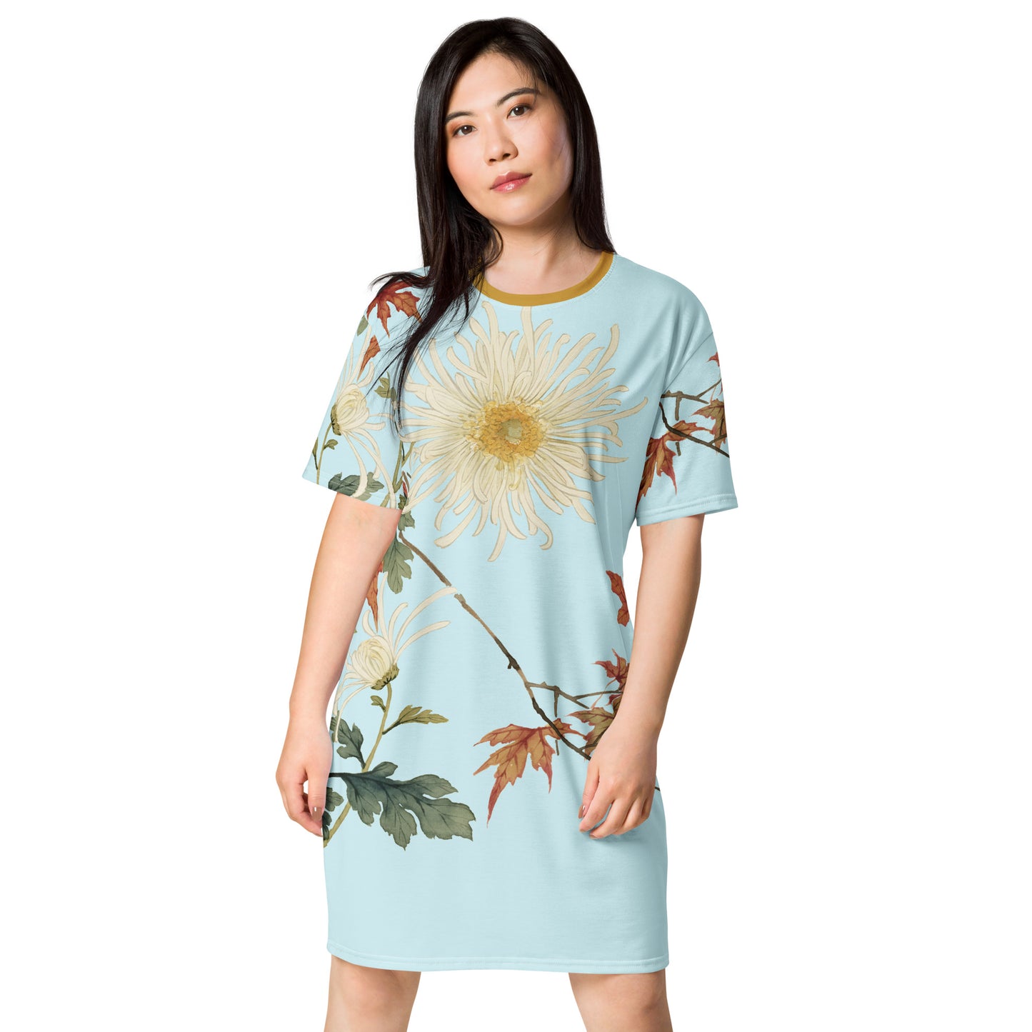 The Spirit of Flowers in Twelve Months｜Blooming Chrysanthemum and Maple Leaves｜T-shirt dress｜Aqua blue