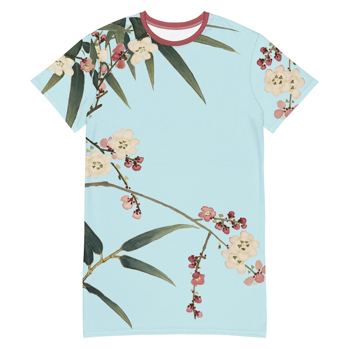 The Spirit of Flowers in Twelve Months｜Crimson Plum Blossom and Lush Green Bamboo｜T-shirt dress｜Aqua blue