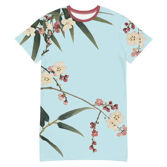 The Spirit of Flowers in Twelve Months｜Crimson Plum Blossom and Lush Green Bamboo｜T-shirt dress｜Aqua blue