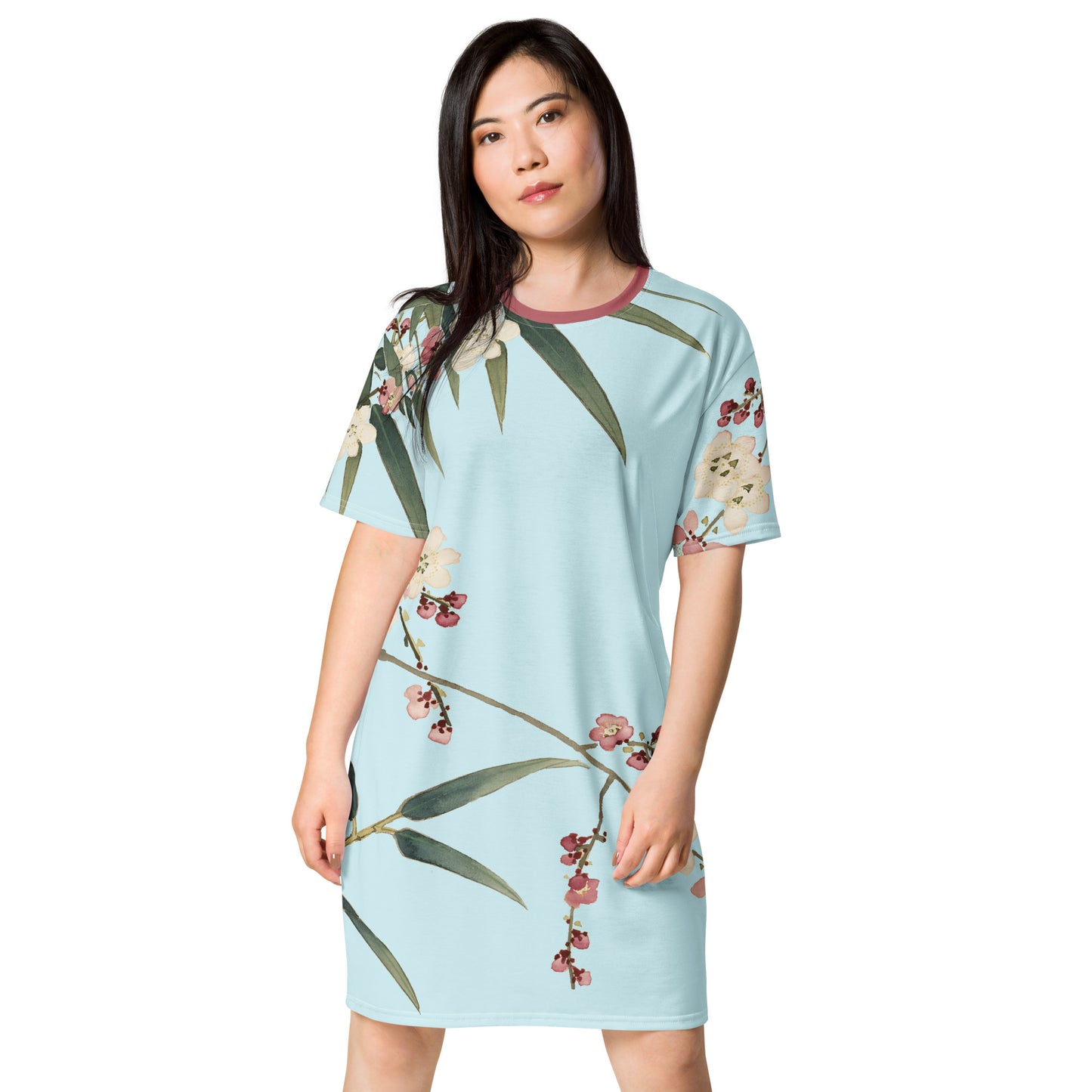 The Spirit of Flowers in Twelve Months｜Crimson Plum Blossom and Lush Green Bamboo｜T-shirt dress｜Aqua blue