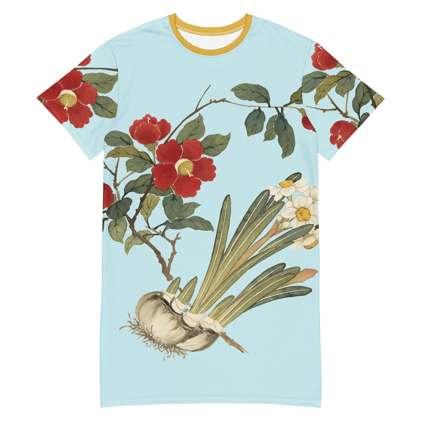 The Spirit of Flowers in Twelve Months｜Narcissus and Camelia in Bloom｜T-shirt dress｜Aqua blue