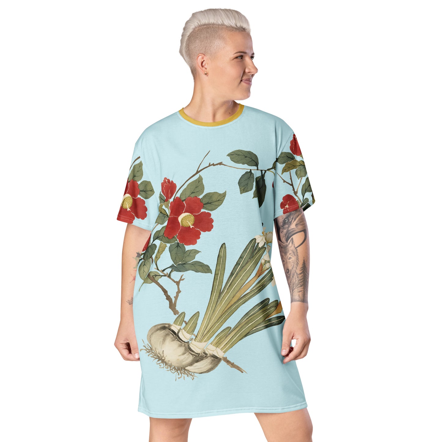 The Spirit of Flowers in Twelve Months｜Narcissus and Camelia in Bloom｜T-shirt dress｜Aqua blue