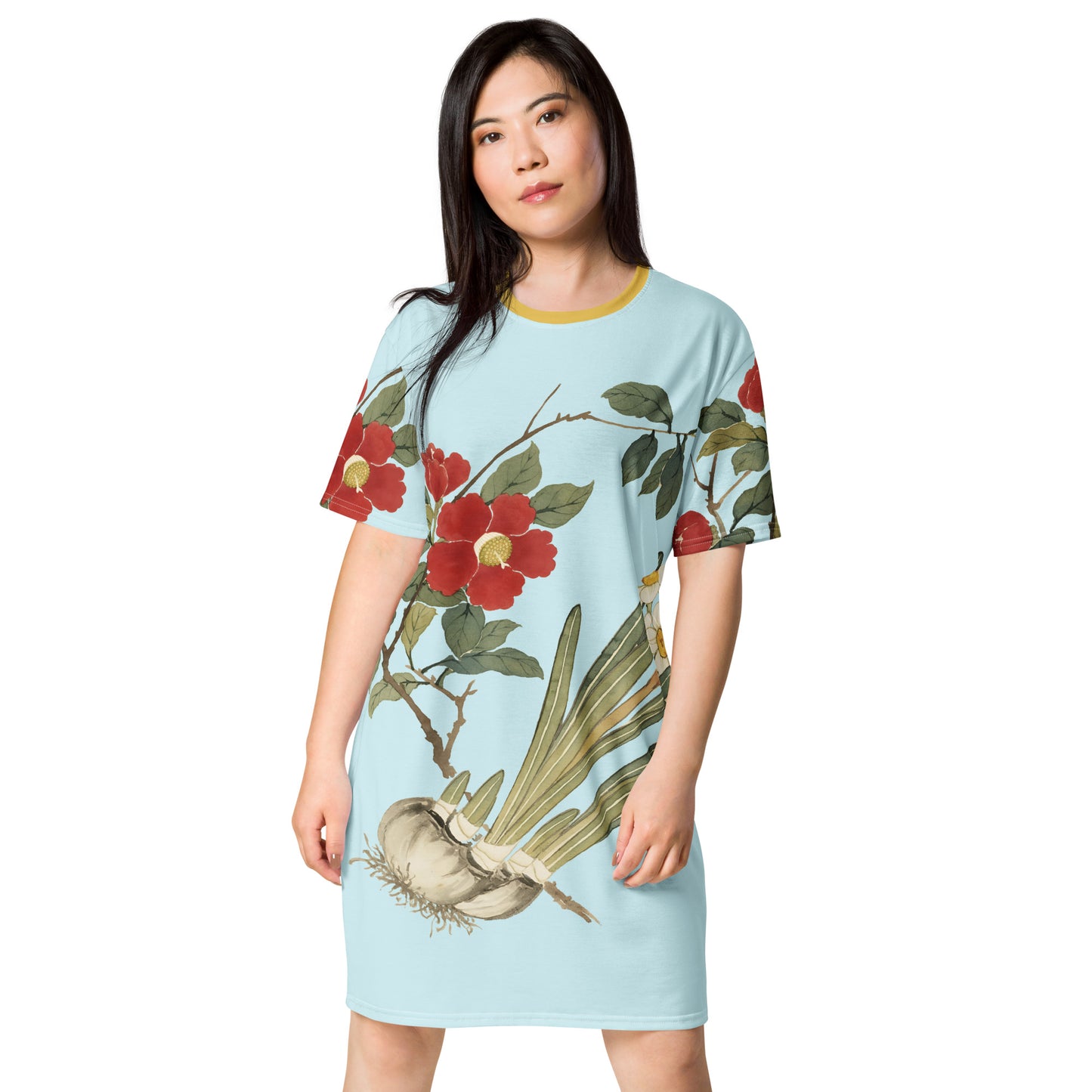 12月の花神様｜Narcissus and Camelia in Bloom｜Tシャツドレス｜Aqua blue