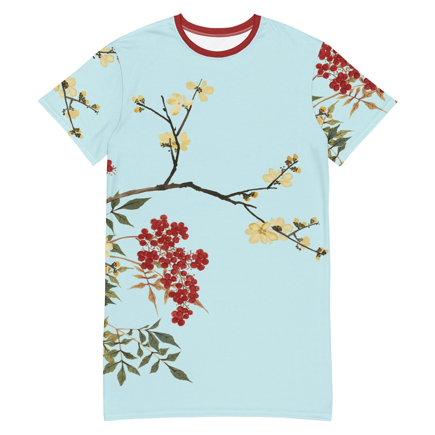 The Spirit of Flowers in Twelve Months｜Blooming Wintersweet and Heavenly Bamboo｜T-shirt dress｜Aqua blue