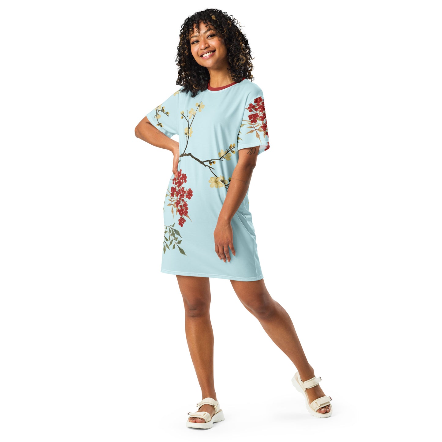 The Spirit of Flowers in Twelve Months｜Blooming Wintersweet and Heavenly Bamboo｜T-shirt dress｜Aqua blue